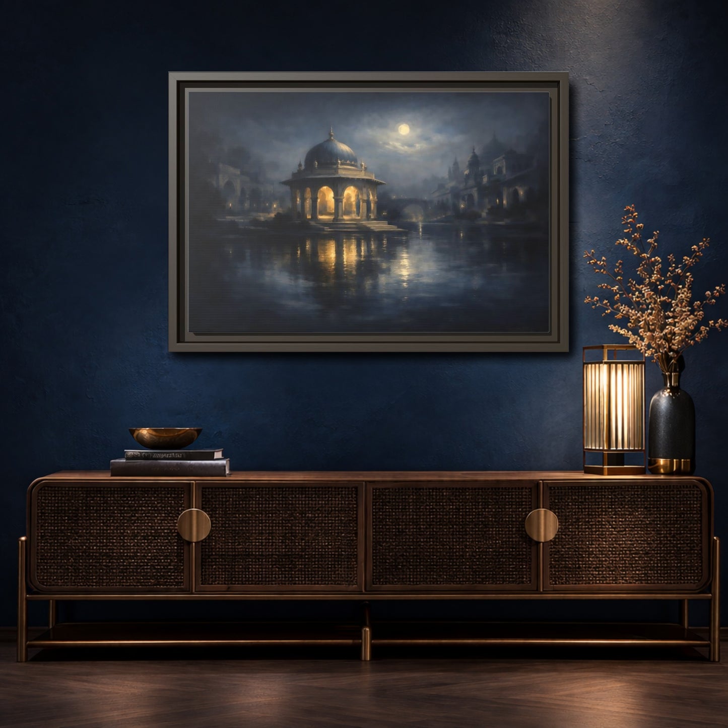 Mockup 4. Fairytale Domed Pavilion Blue And Gold shown as stretched canvas wall art