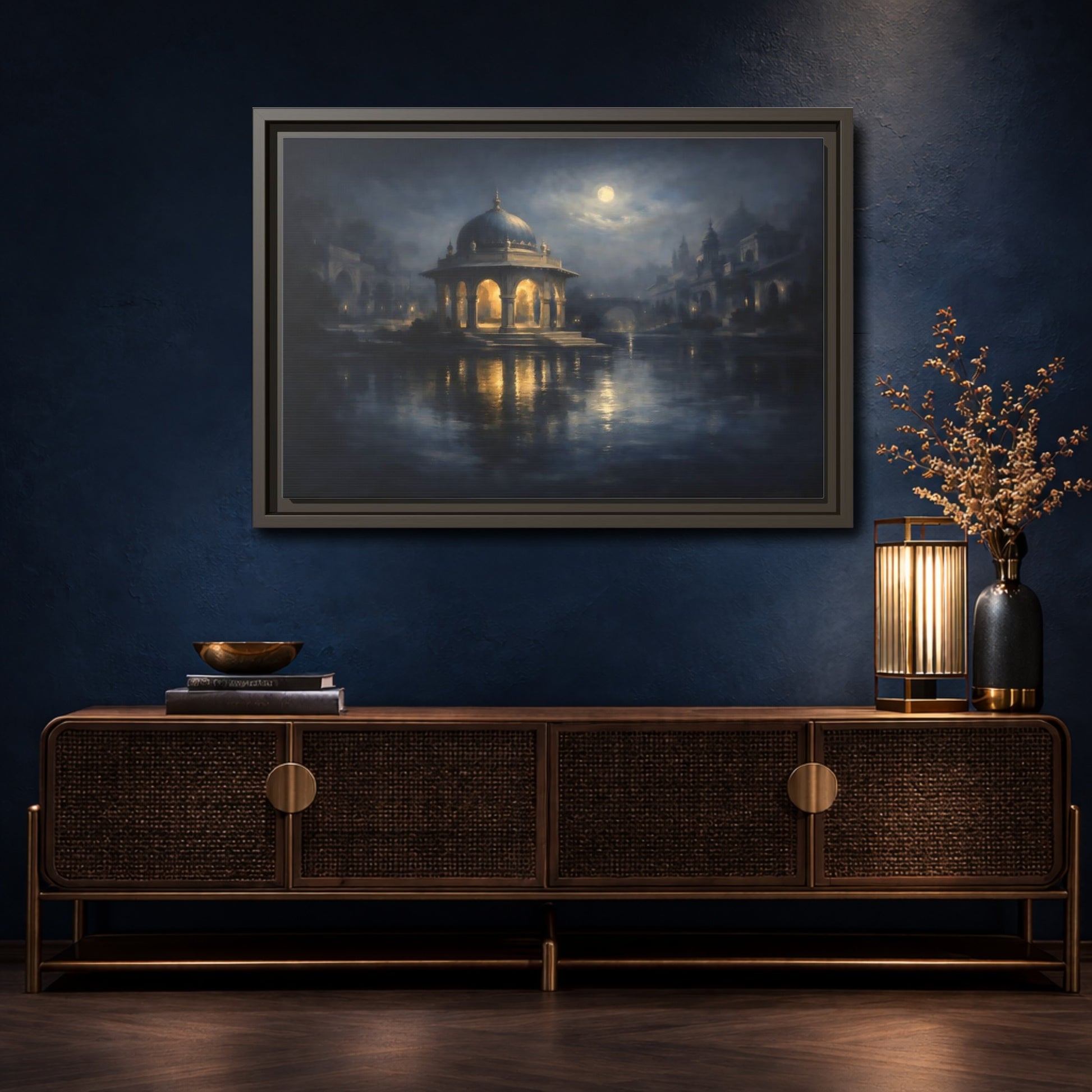 Mockup 4. Fairytale Domed Pavilion Blue And Gold shown as stretched canvas wall art