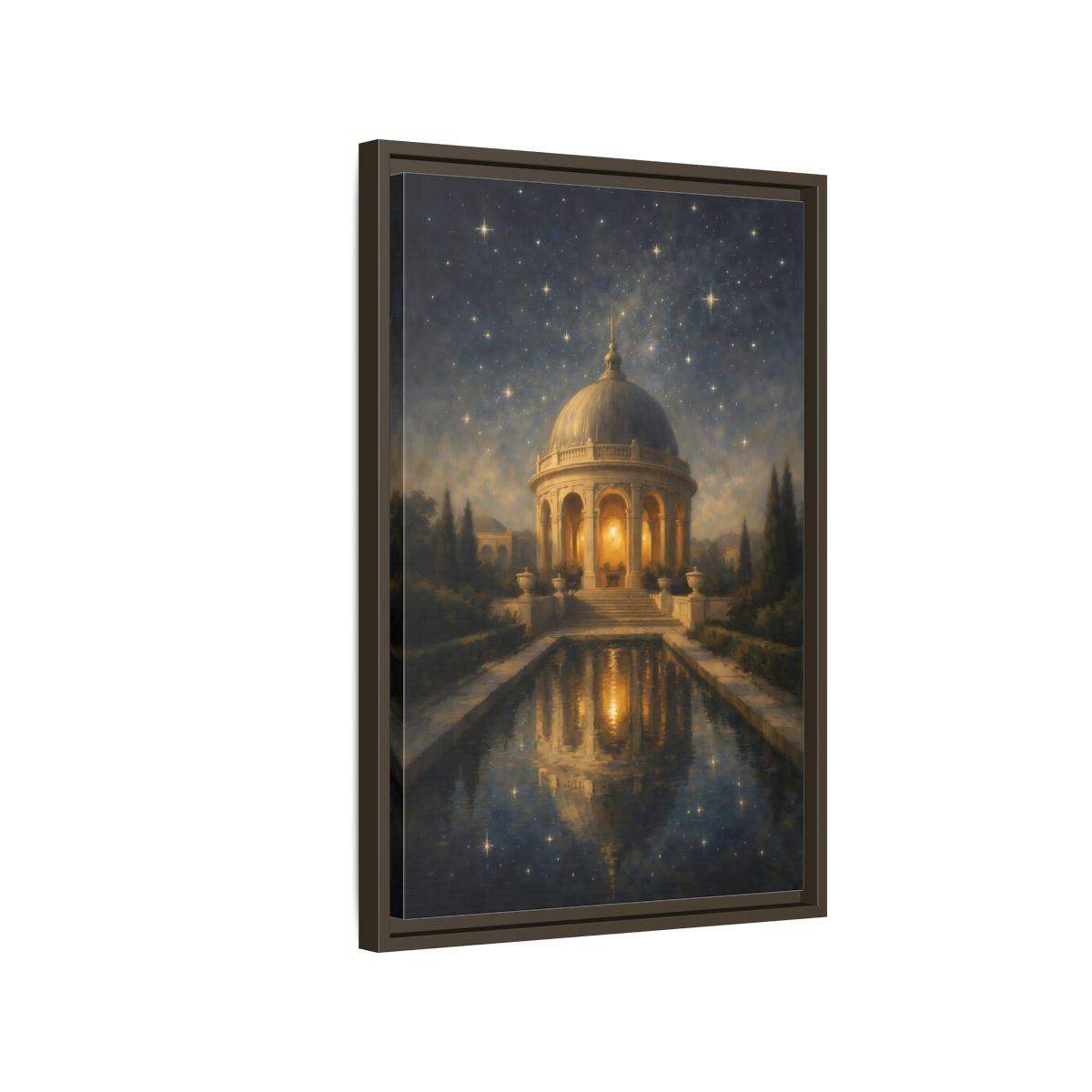 Side Mockup 2. Fairytale Domed Pavilion Gold And Blue shown as stretched canvas wall art