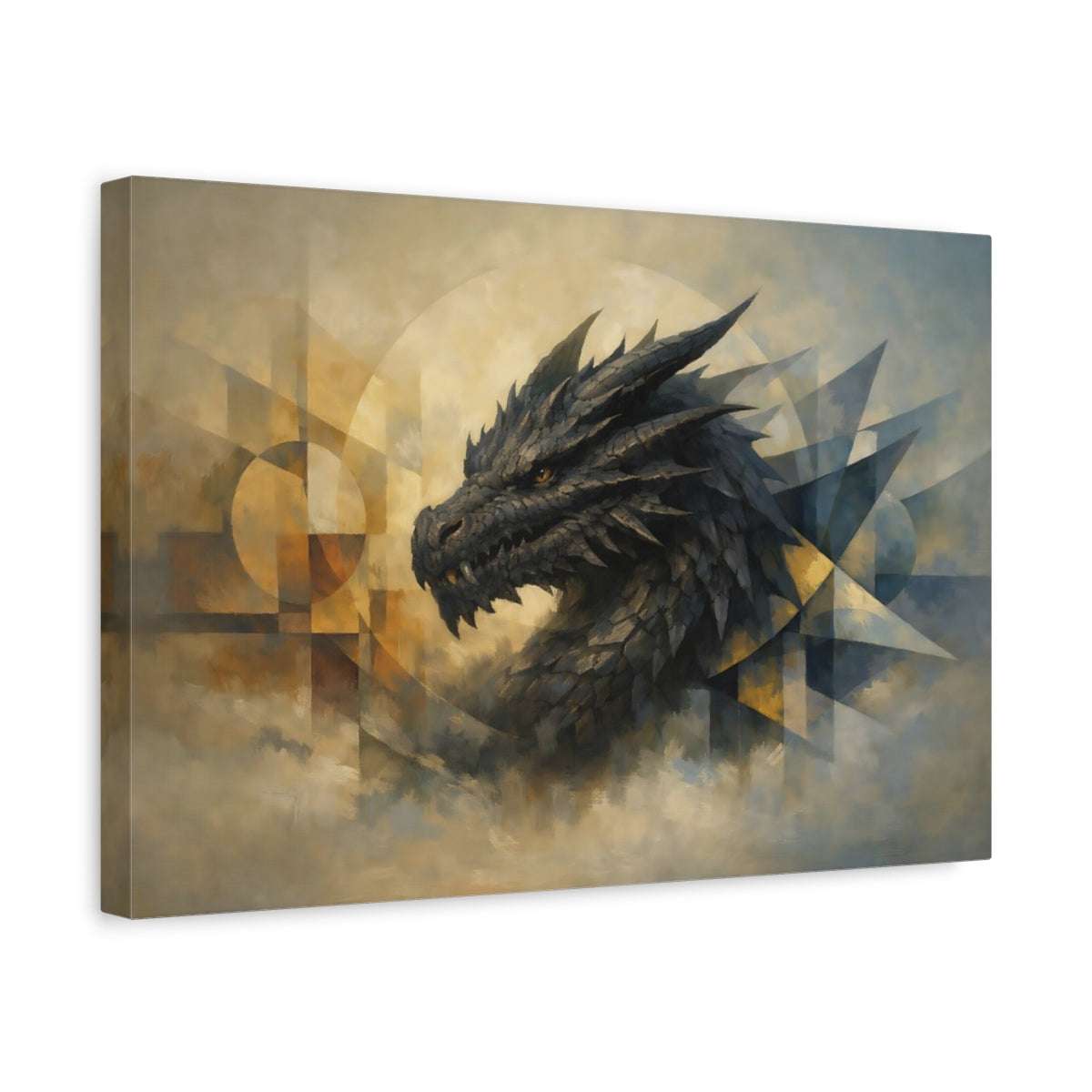 Side Mockup 4. Fairytale Dragon Abstract Dragon Art shown as stretched canvas wall art