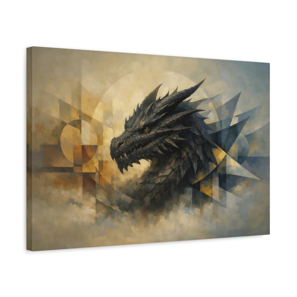 Side Mockup 3. Fairytale Dragon Abstract Dragon Art shown as stretched canvas wall art