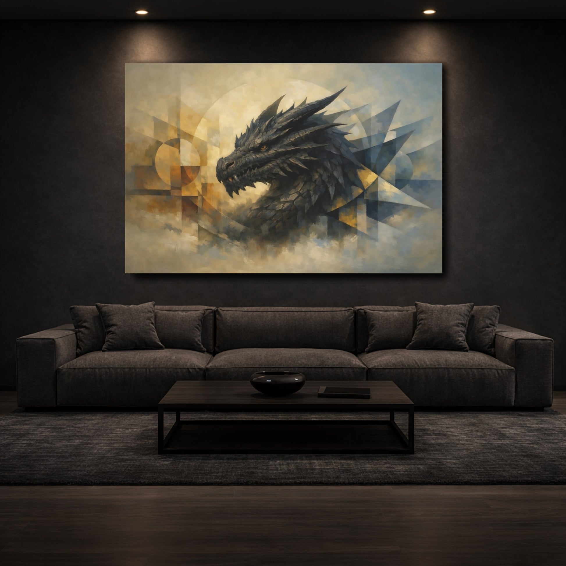 Mockup 2. Fairytale Dragon Abstract Dragon Art shown as stretched canvas wall art