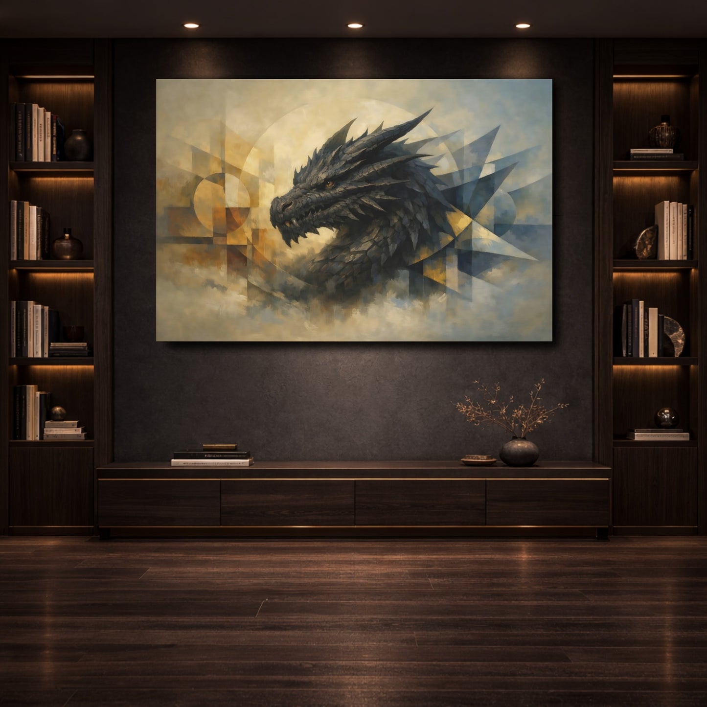 Mockup 3. Fairytale Dragon Abstract Dragon Art shown as stretched canvas wall art