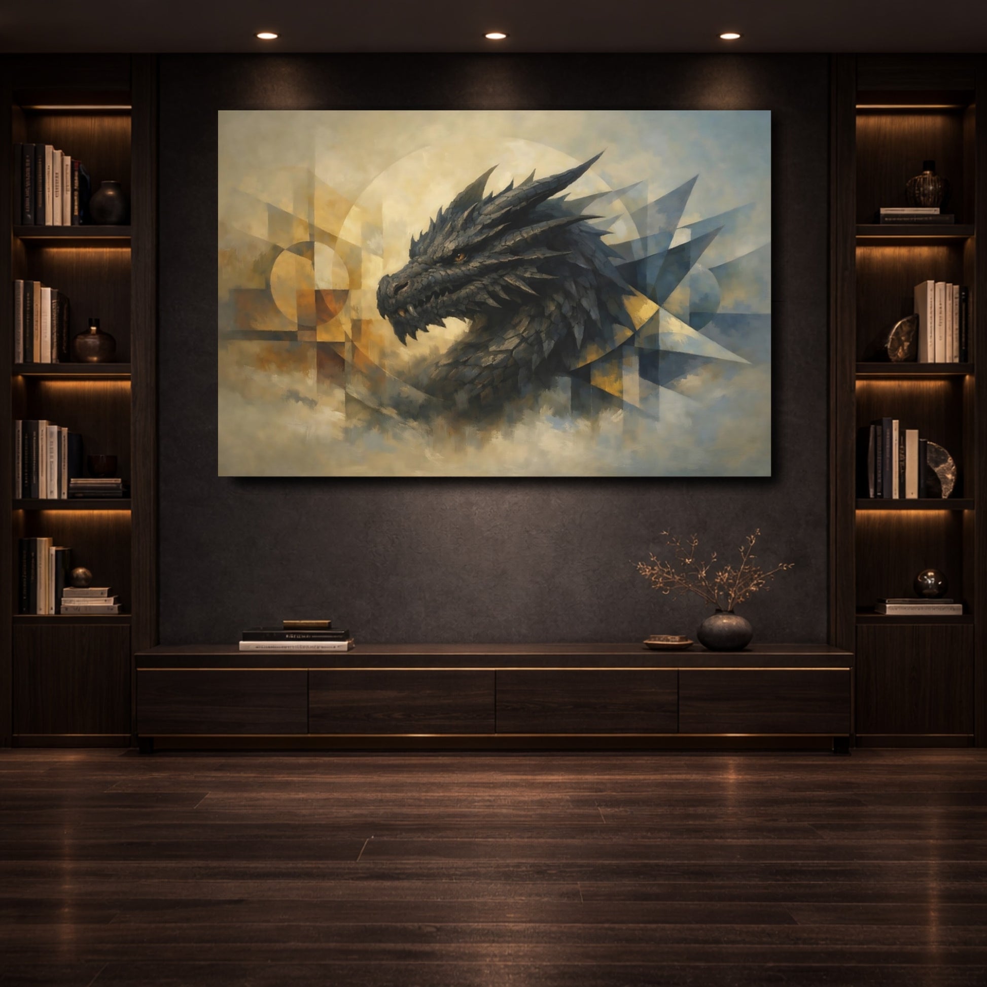 Mockup 3. Fairytale Dragon Abstract Dragon Art shown as stretched canvas wall art