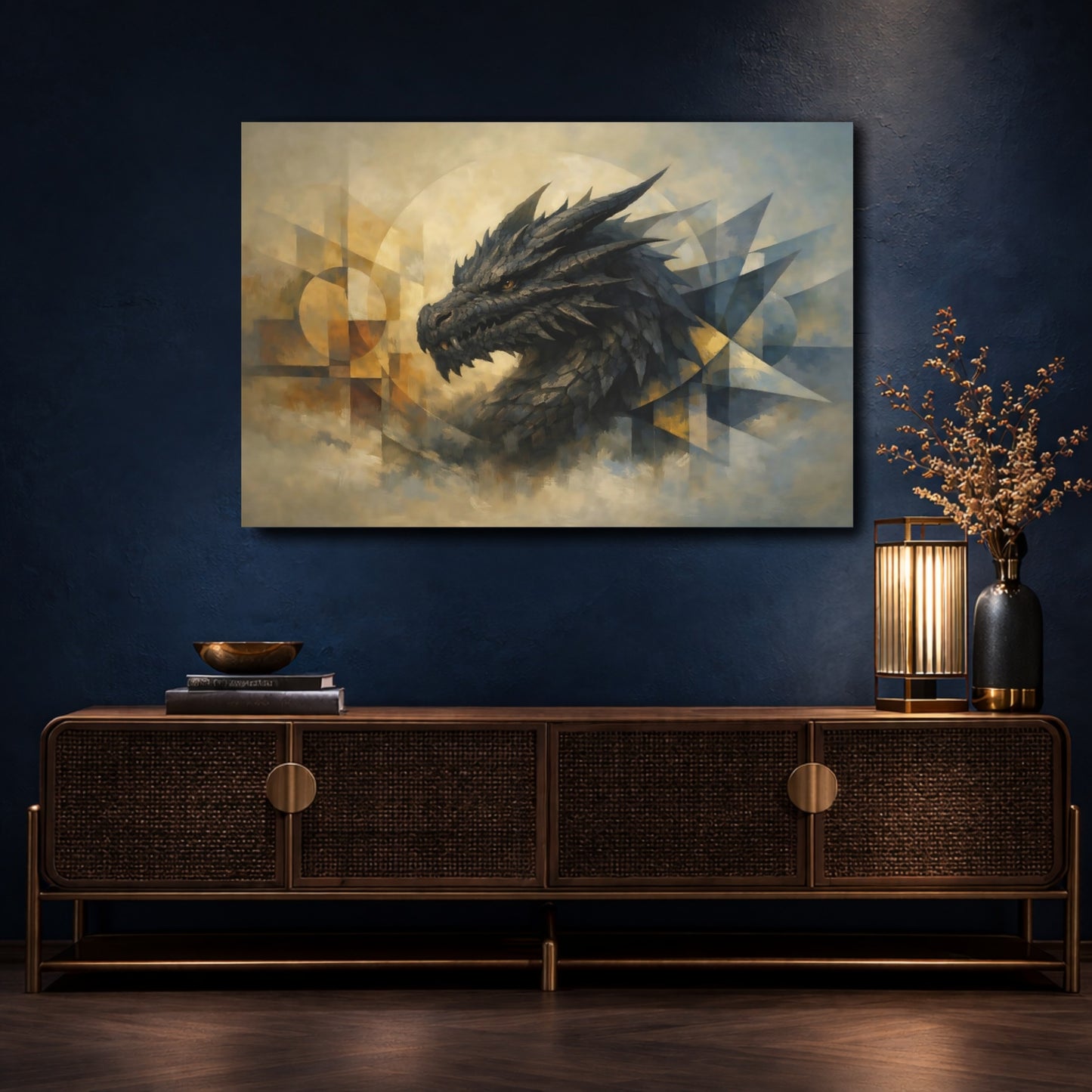 Mockup 4. Fairytale Dragon Abstract Dragon Art shown as stretched canvas wall art
