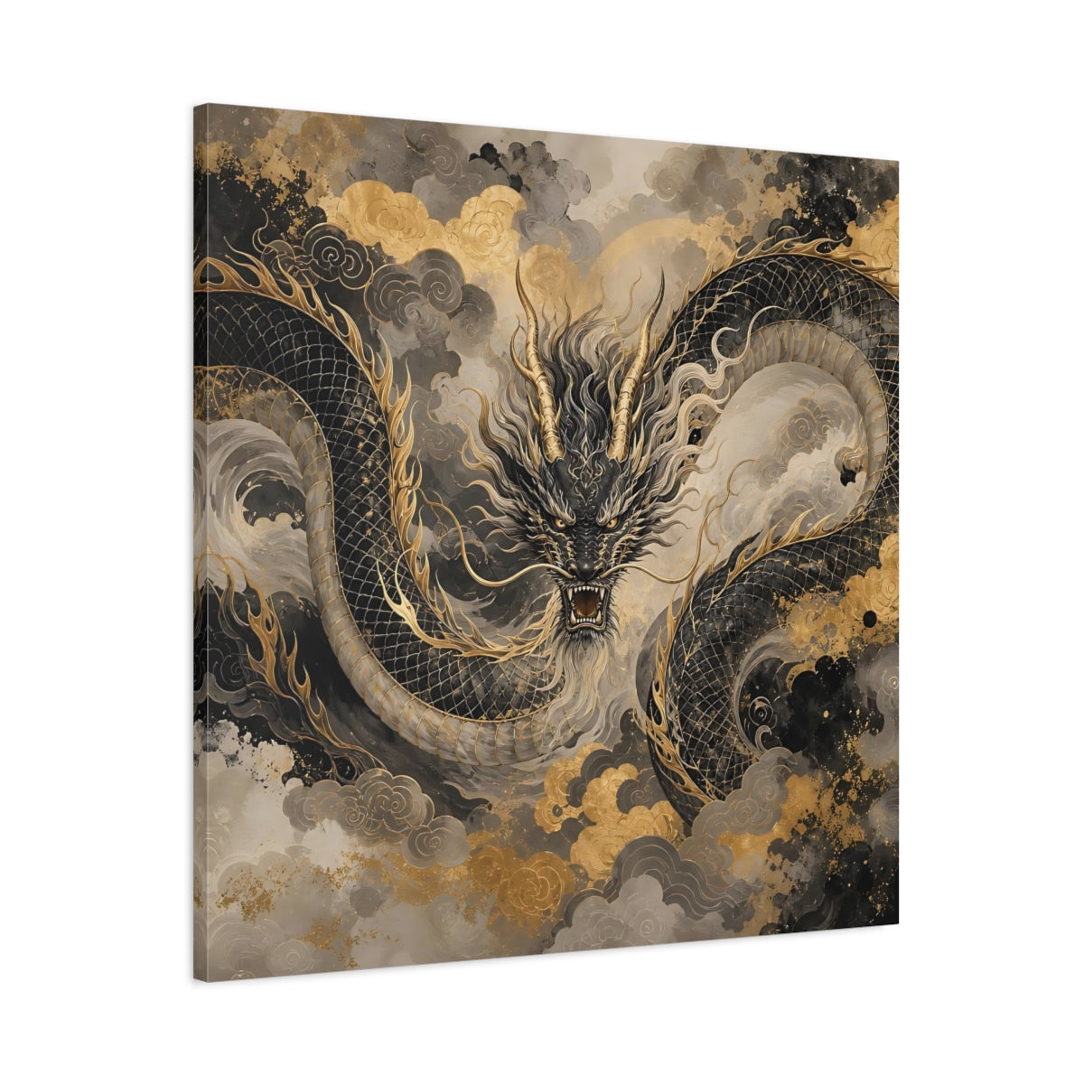 Main Mockup. Fairytale Dragon Black And Gold shown as stretched canvas wall art