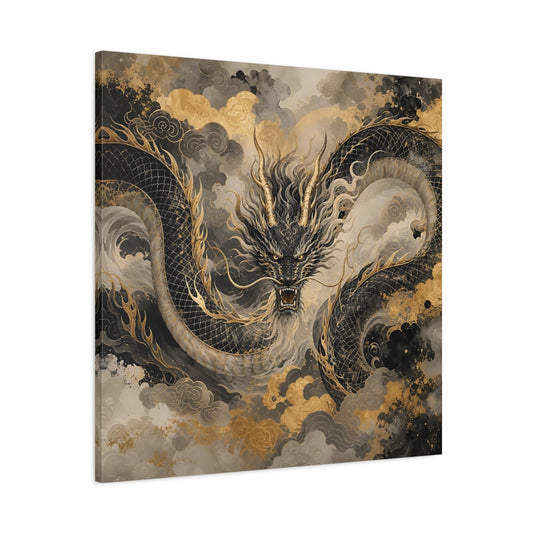 Main Mockup. Fairytale Dragon Black And Gold shown as stretched canvas wall art