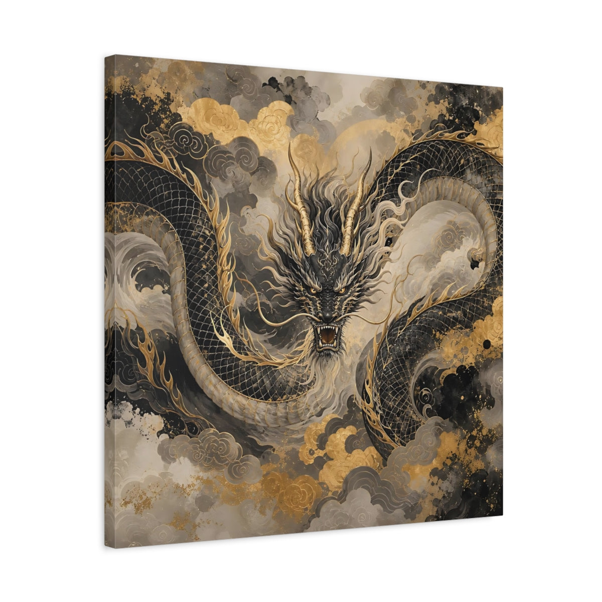 Side Mockup 4. Fairytale Dragon Black And Gold shown as stretched canvas wall art
