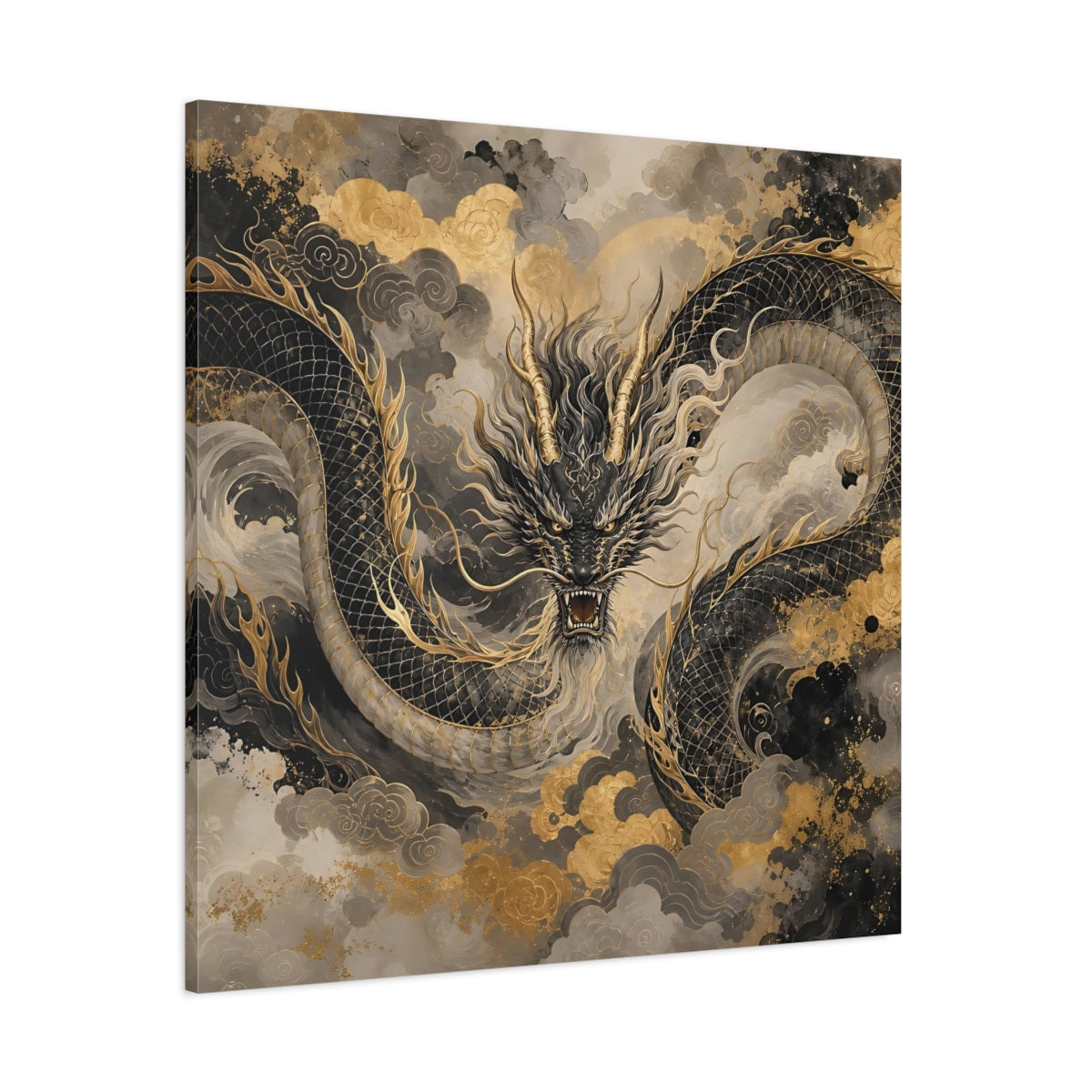 Side Mockup 1. Fairytale Dragon Black And Gold shown as stretched canvas wall art