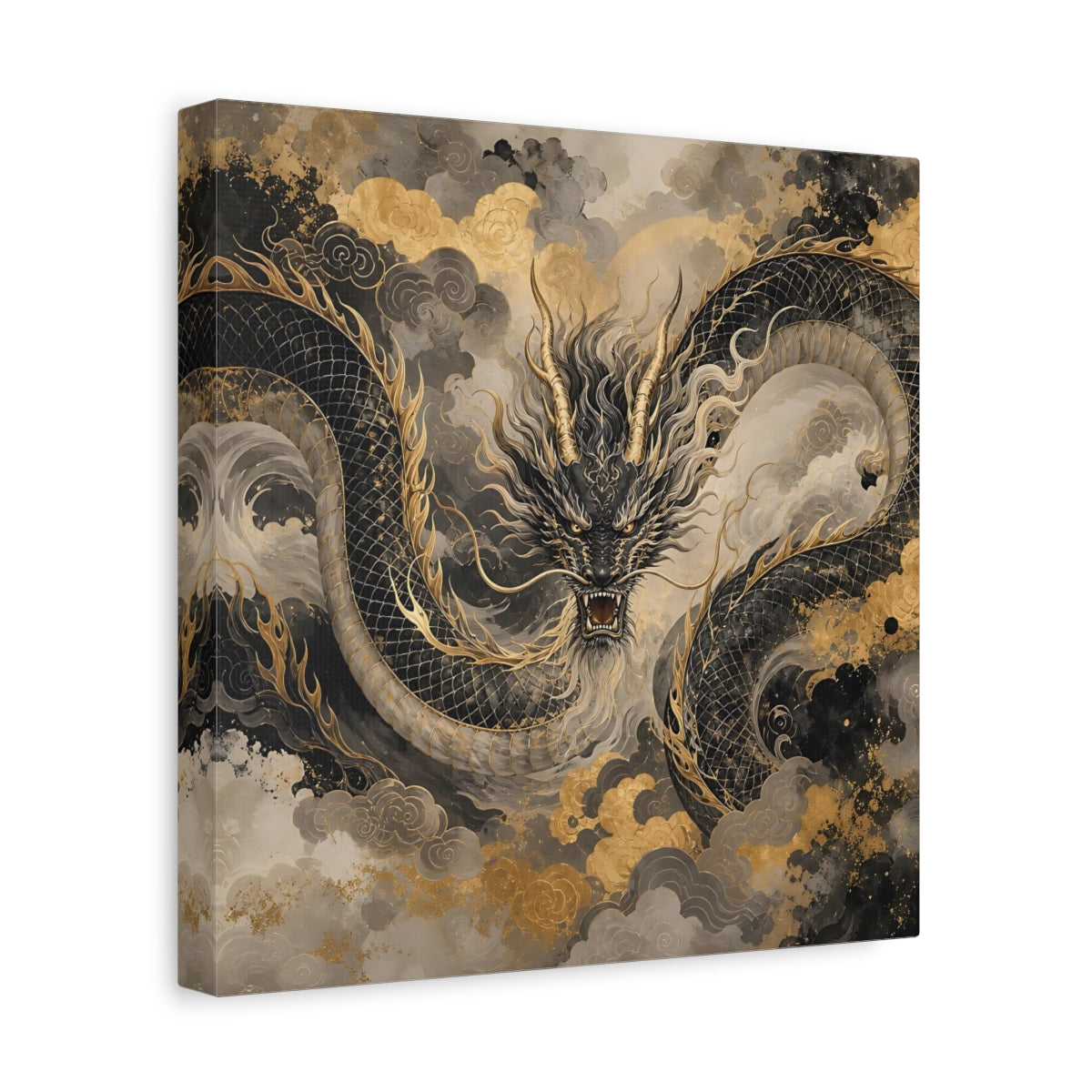 Side Mockup 8. Fairytale Dragon Black And Gold shown as stretched canvas wall art