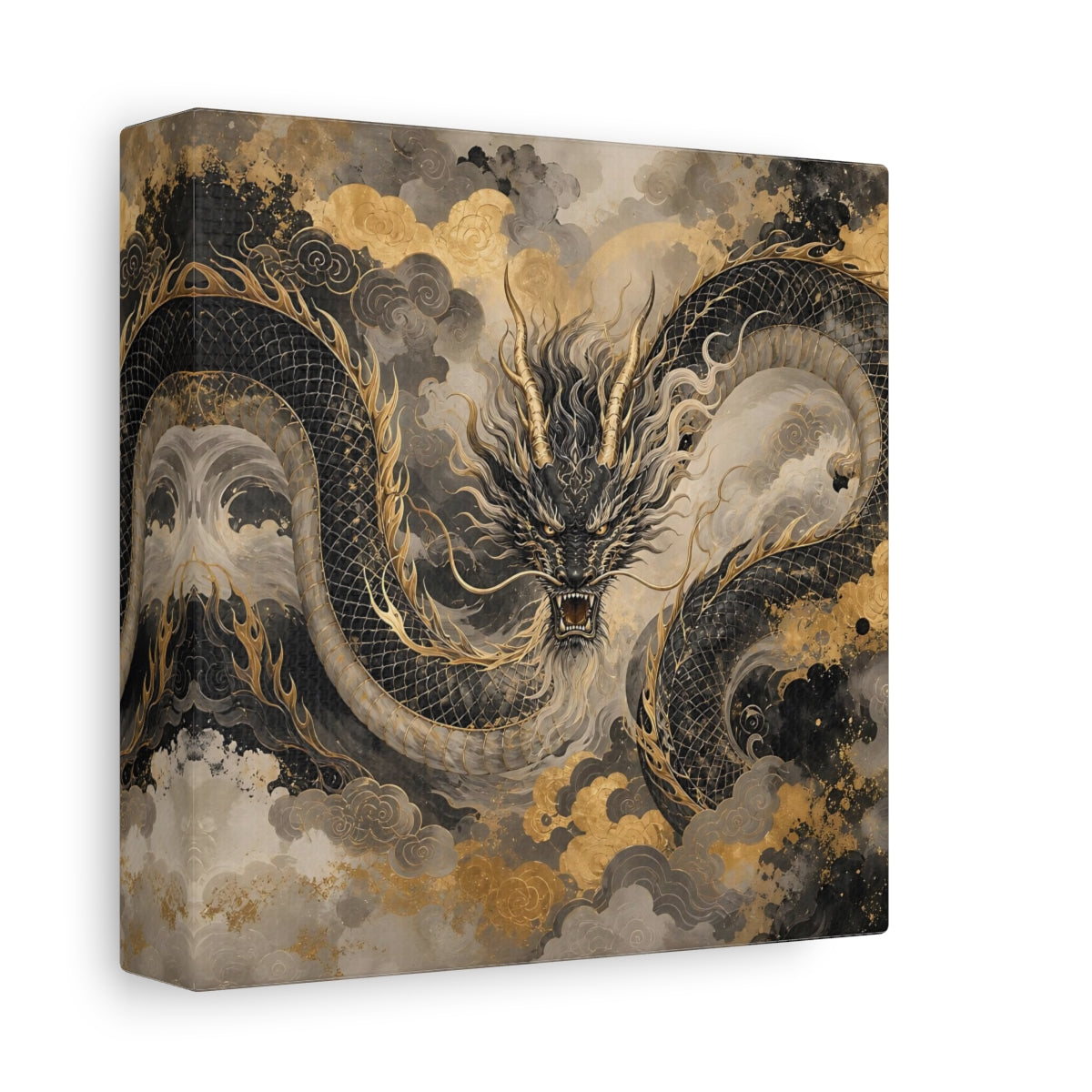 Side Mockup 2. Fairytale Dragon Black And Gold shown as stretched canvas wall art