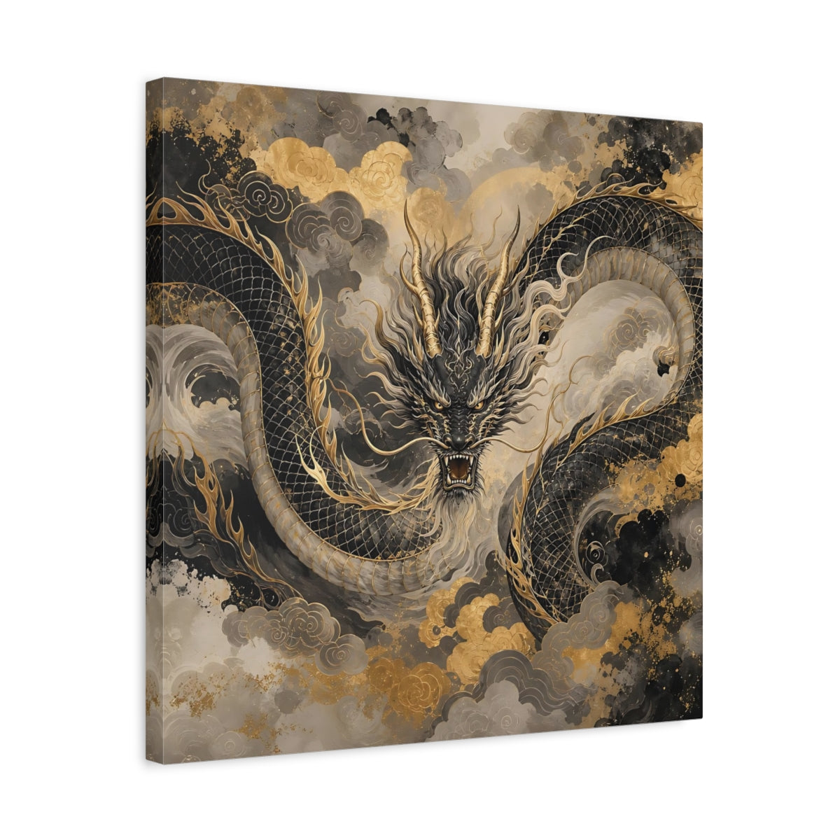 Side Mockup 5. Fairytale Dragon Black And Gold shown as stretched canvas wall art