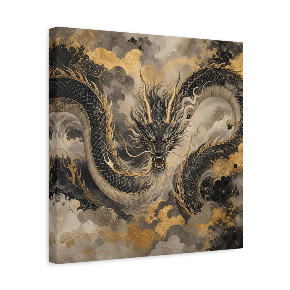 Side Mockup 6. Fairytale Dragon Black And Gold shown as stretched canvas wall art