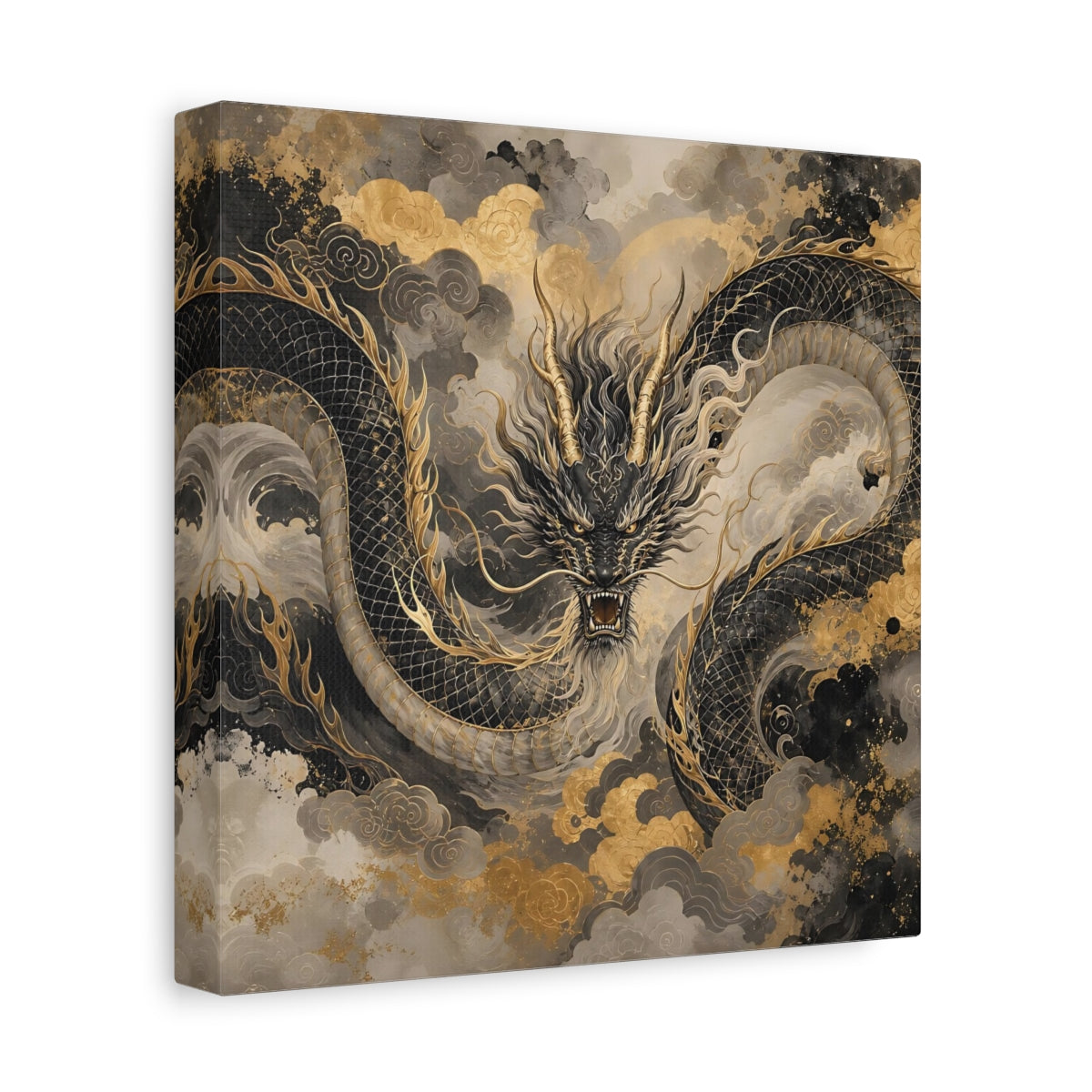 Side Mockup 9. Fairytale Dragon Black And Gold shown as stretched canvas wall art