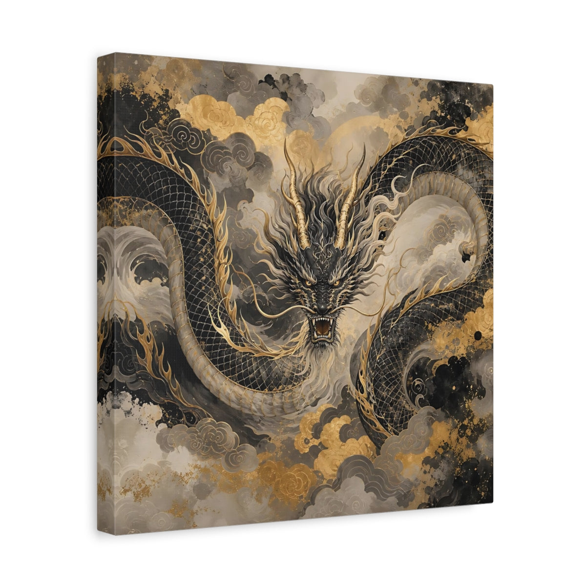 Side Mockup 7. Fairytale Dragon Black And Gold shown as stretched canvas wall art