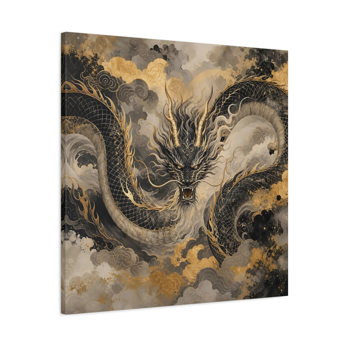Side Mockup 3. Fairytale Dragon Black And Gold shown as stretched canvas wall art