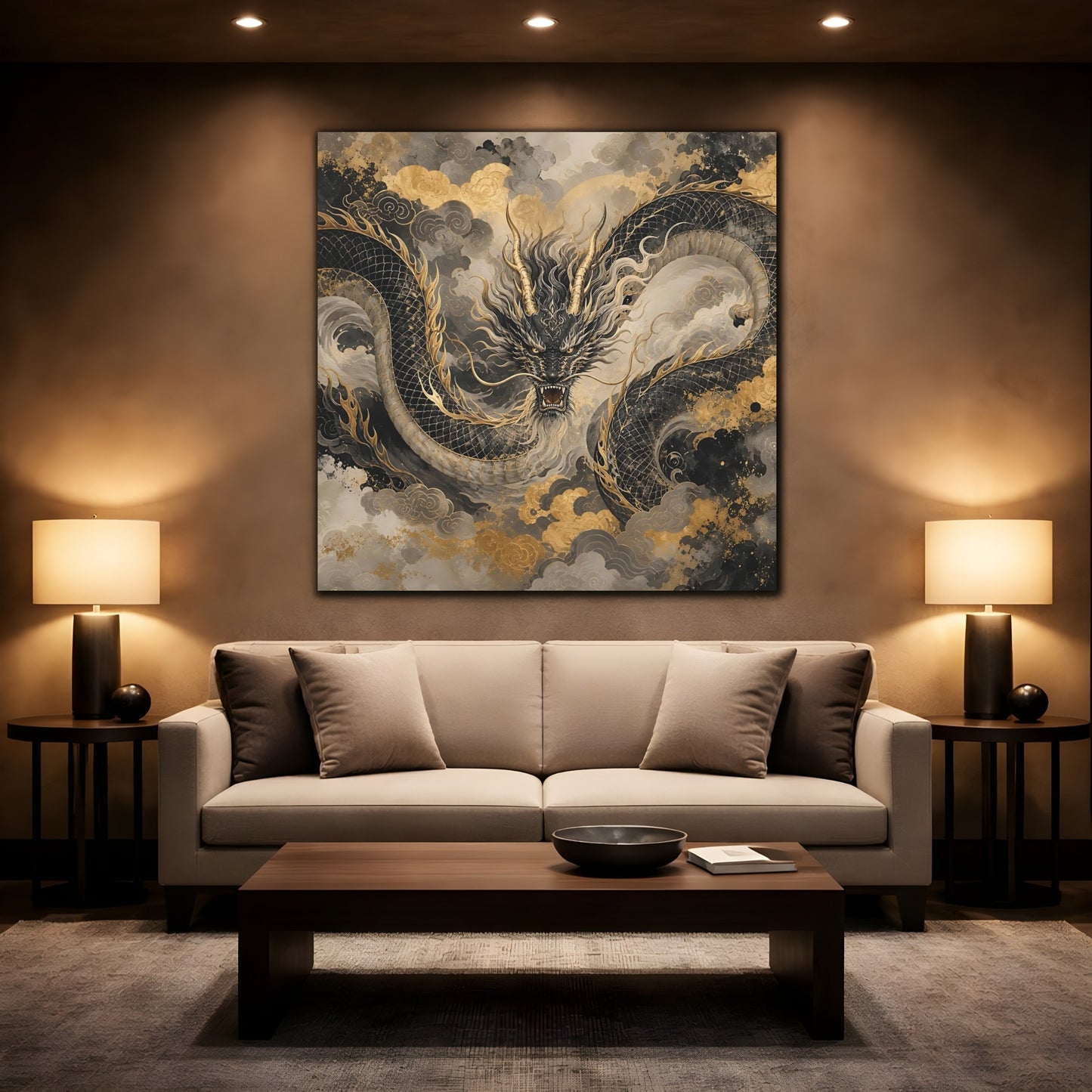 Mockup 2. Fairytale Dragon Black And Gold shown as stretched canvas wall art