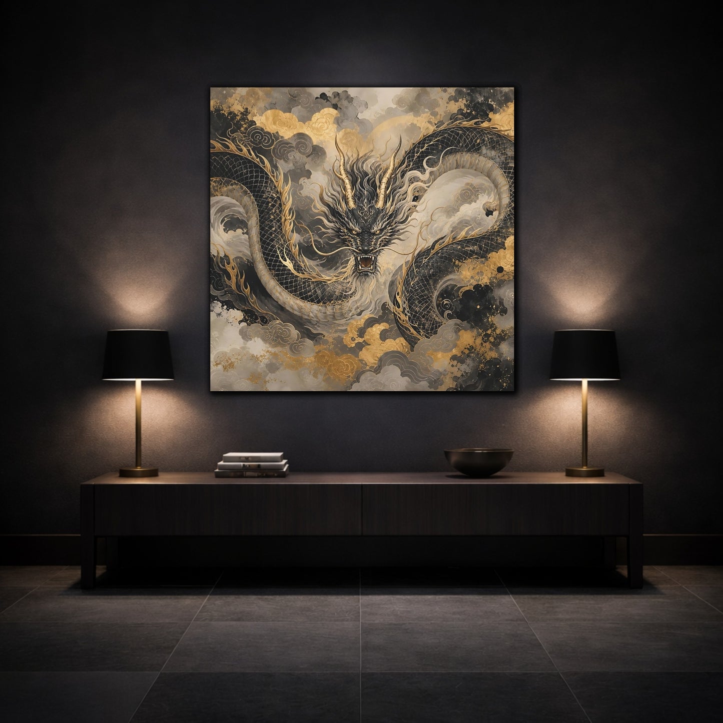 Mockup 3. Fairytale Dragon Black And Gold shown as stretched canvas wall art