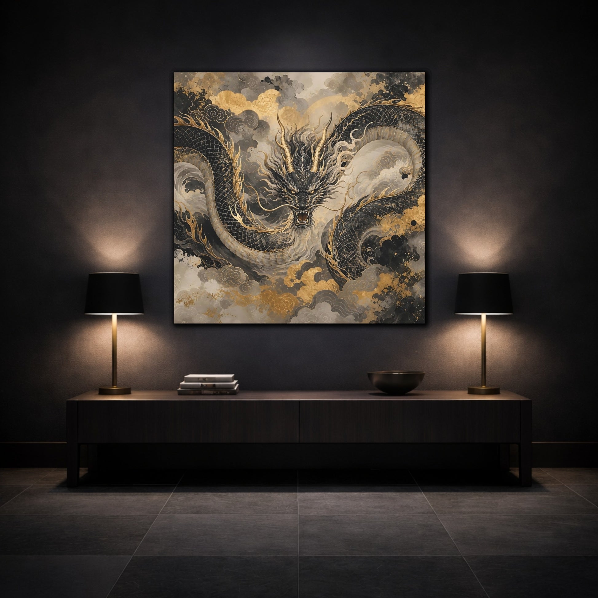 Mockup 3. Fairytale Dragon Black And Gold shown as stretched canvas wall art