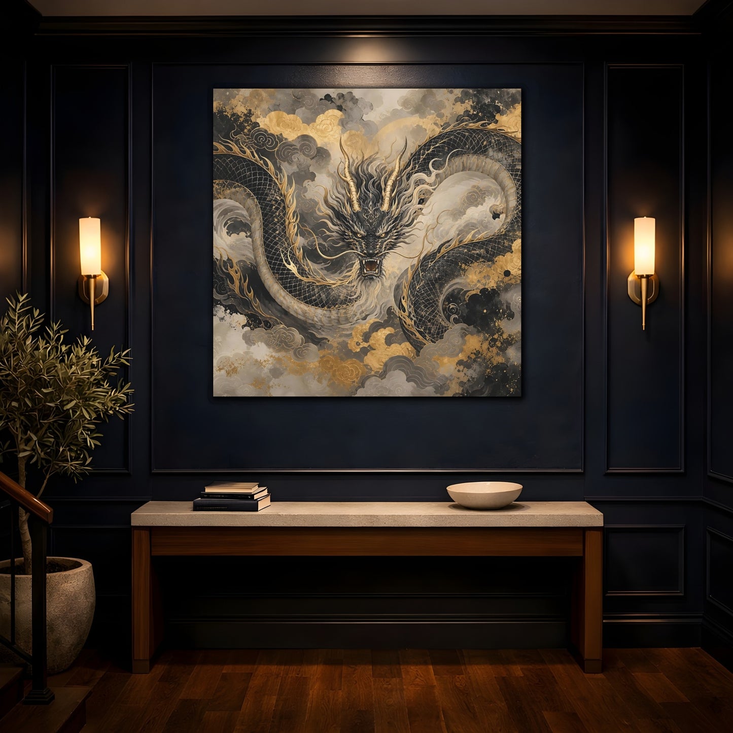 Mockup 4. Fairytale Dragon Black And Gold shown as stretched canvas wall art