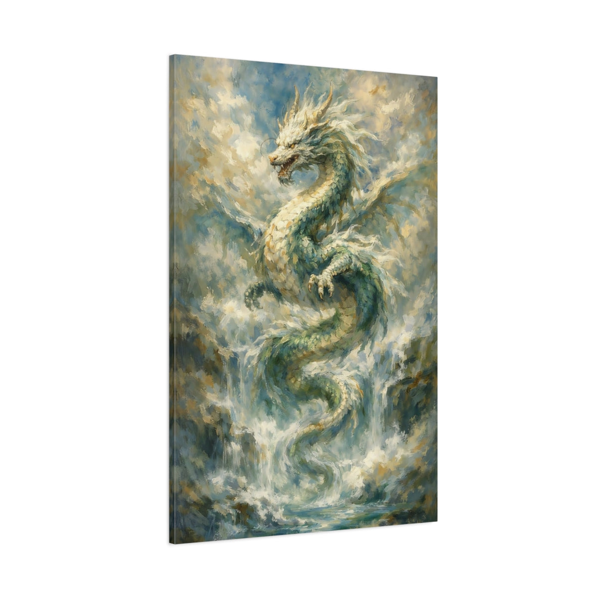 Main Mockup. Fairytale Dragon Blue Green Gold shown as stretched canvas wall art