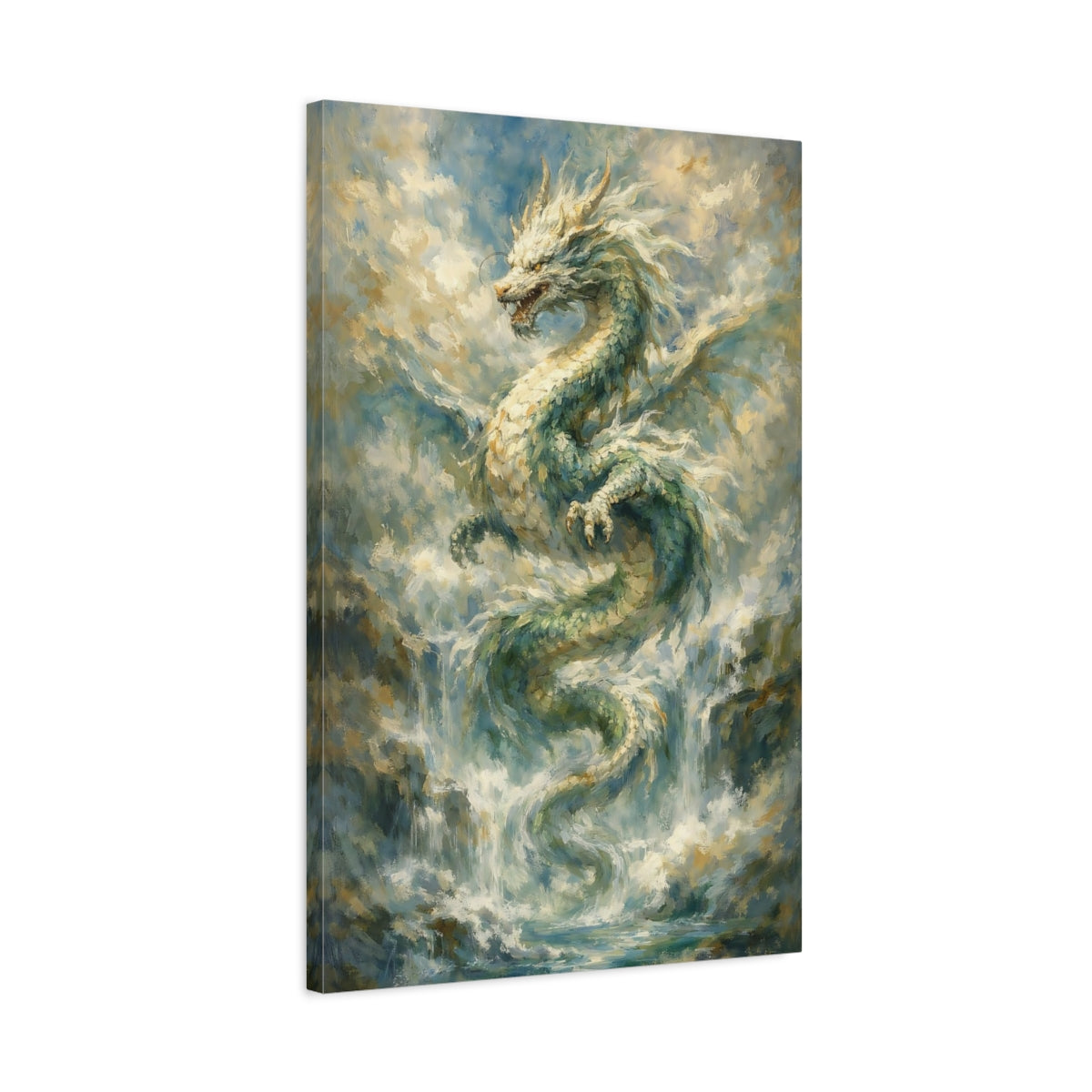 Side Mockup 2. Fairytale Dragon Blue Green Gold shown as stretched canvas wall art