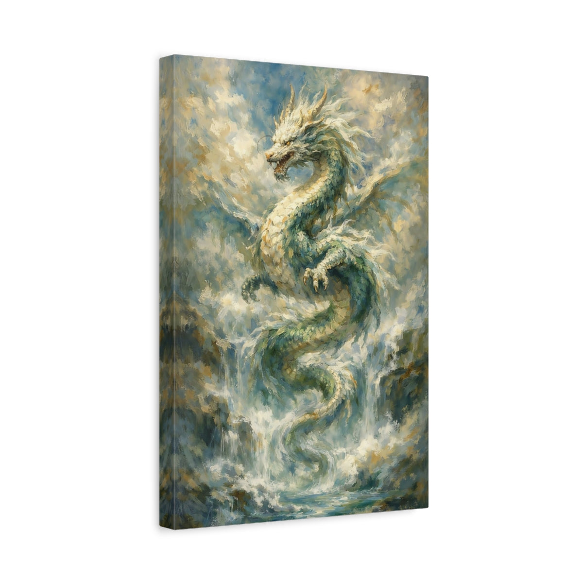 Side Mockup 4. Fairytale Dragon Blue Green Gold shown as stretched canvas wall art