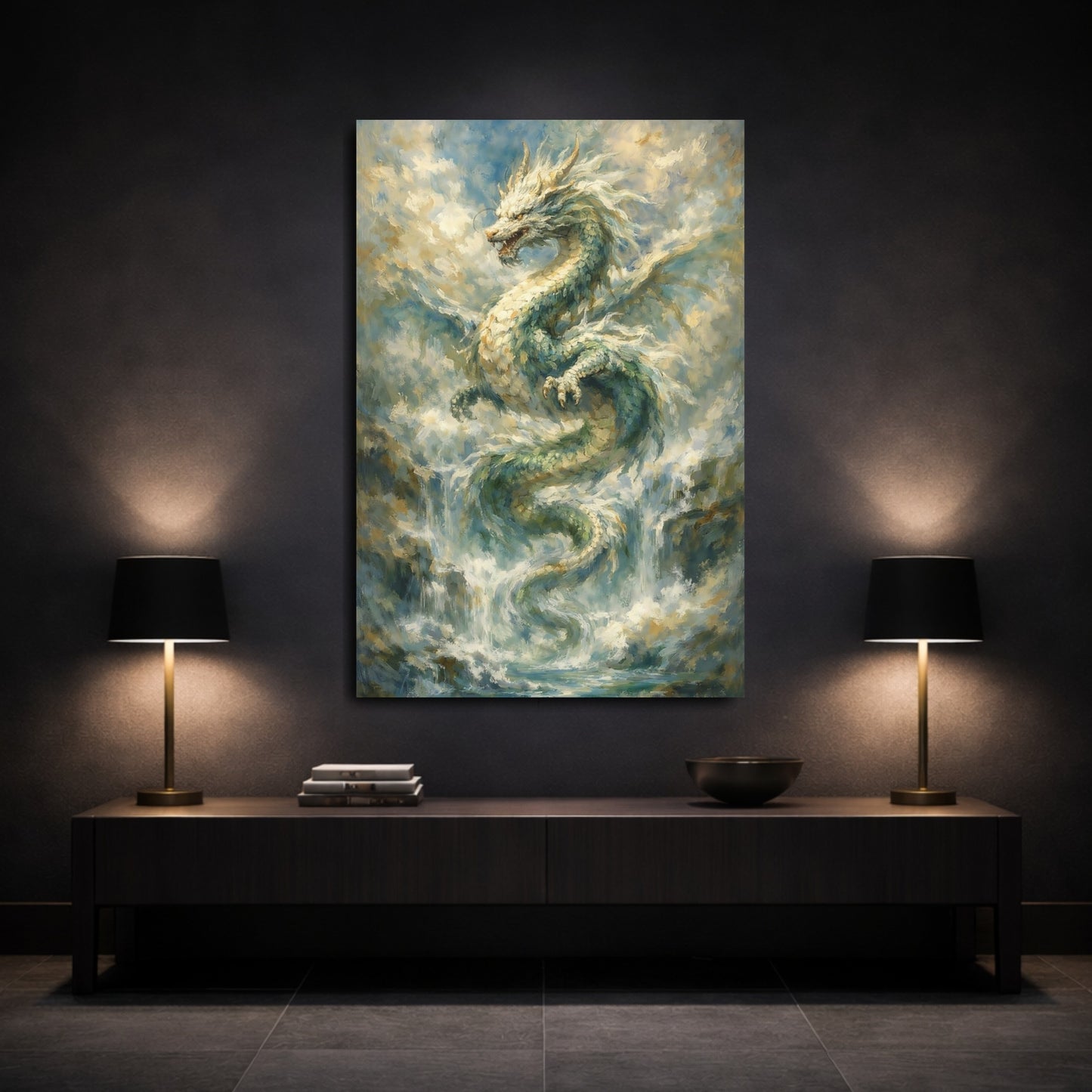 Mockup 2. Fairytale Dragon Blue Green Gold shown as stretched canvas wall art