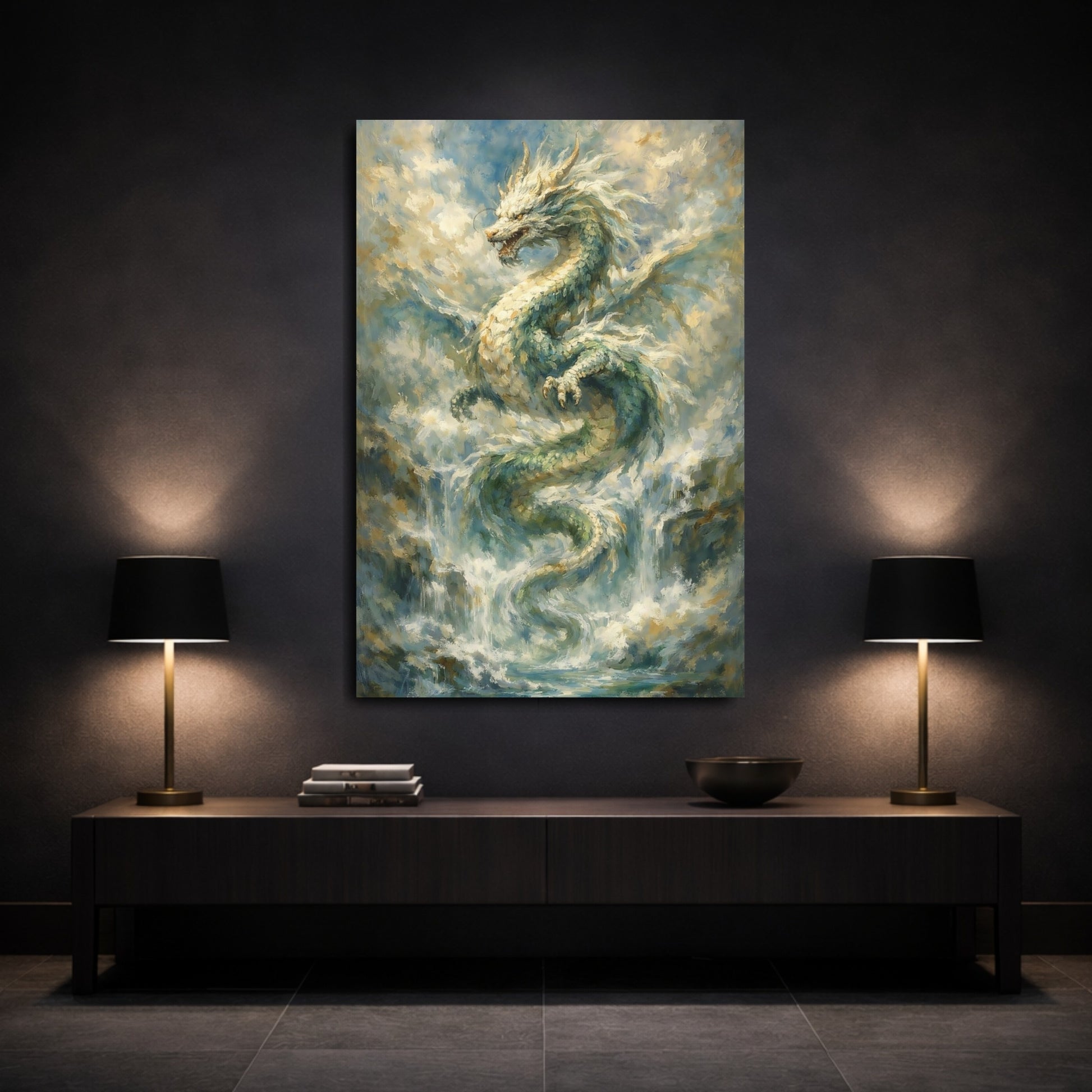 Mockup 2. Fairytale Dragon Blue Green Gold shown as stretched canvas wall art