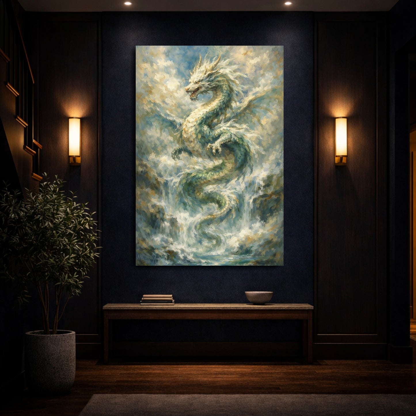 Mockup 3. Fairytale Dragon Blue Green Gold shown as stretched canvas wall art