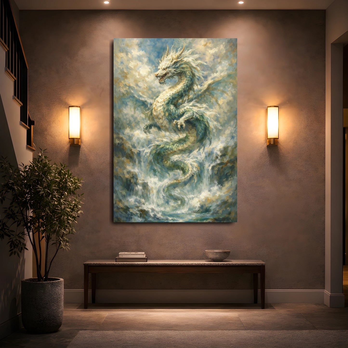 Mockup 4. Fairytale Dragon Blue Green Gold shown as stretched canvas wall art