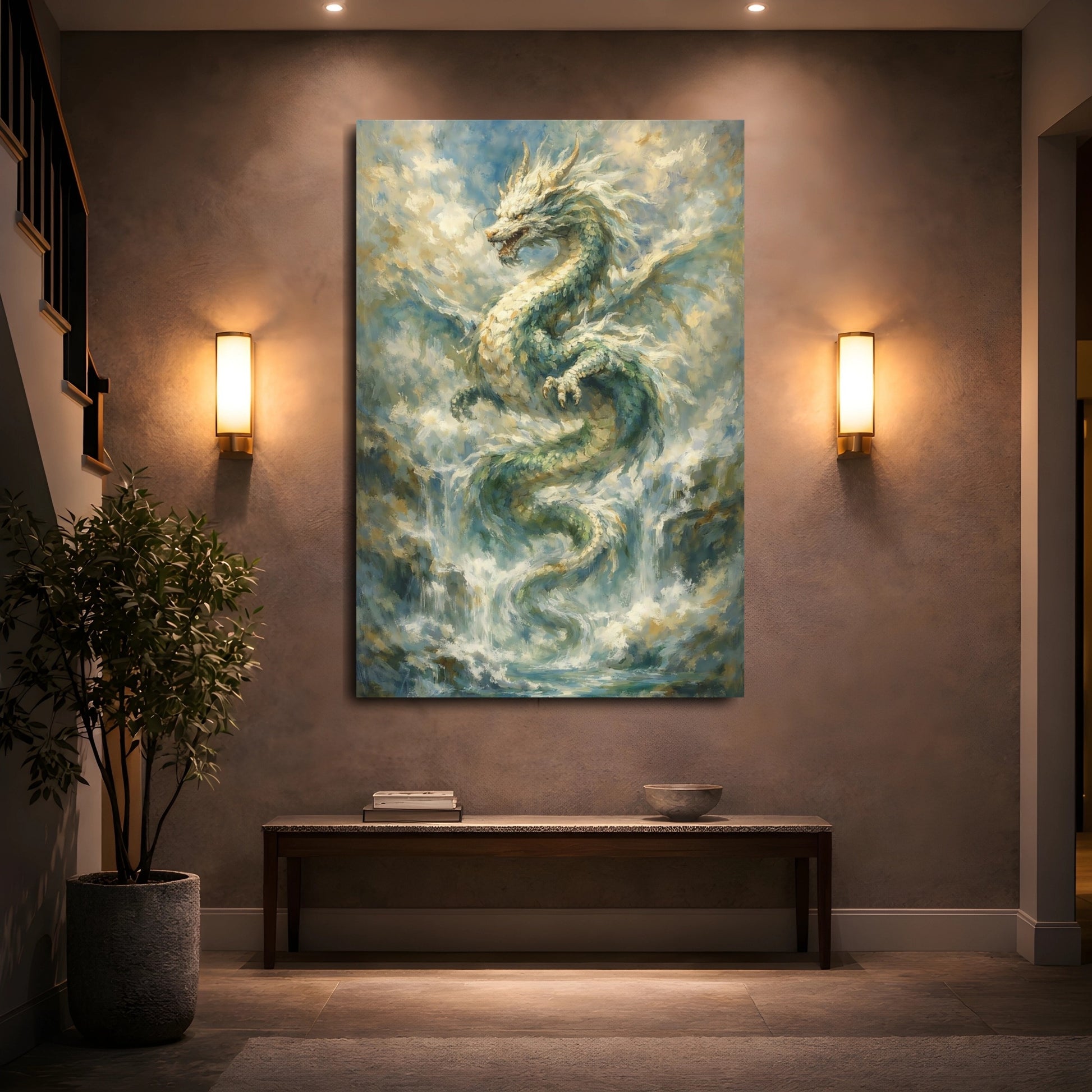 Mockup 4. Fairytale Dragon Blue Green Gold shown as stretched canvas wall art