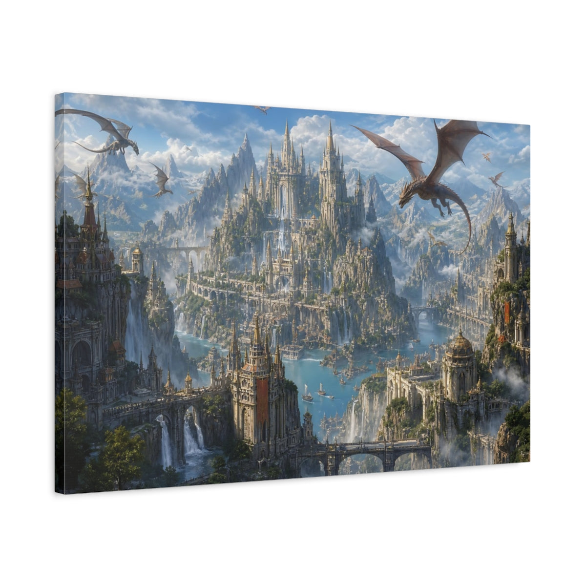 Side Mockup 2. Fairytale Dragon City Blue And Grey Fantasy shown as stretched canvas wall art