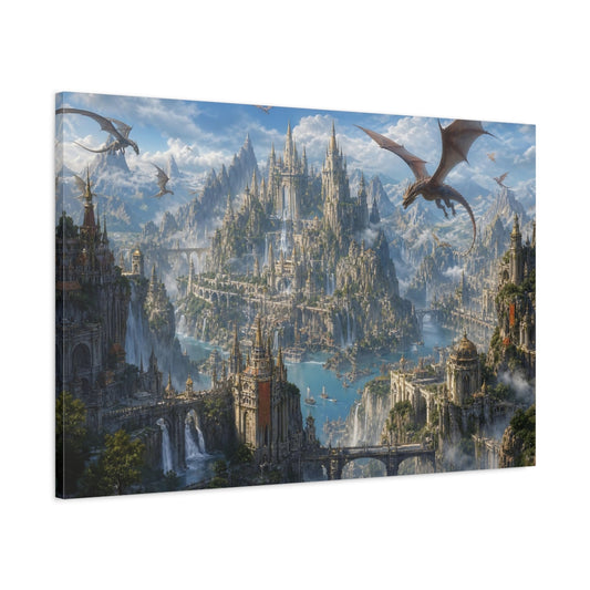 Main Mockup. Fairytale Dragon City Blue And Grey Fantasy shown as stretched canvas wall art
