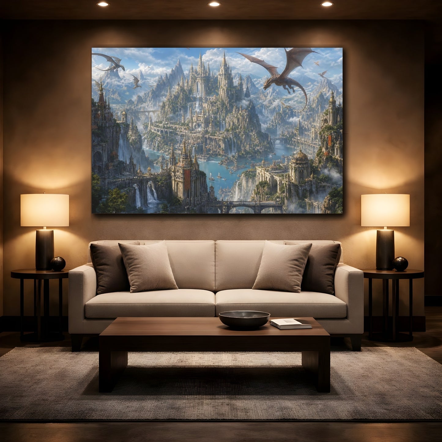 Mockup 2. Fairytale Dragon City Blue And Grey Fantasy shown as stretched canvas wall art