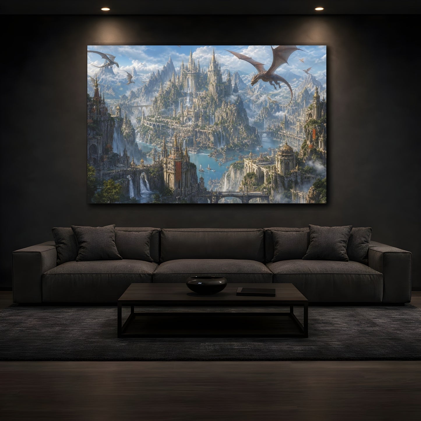 Mockup 3. Fairytale Dragon City Blue And Grey Fantasy shown as stretched canvas wall art