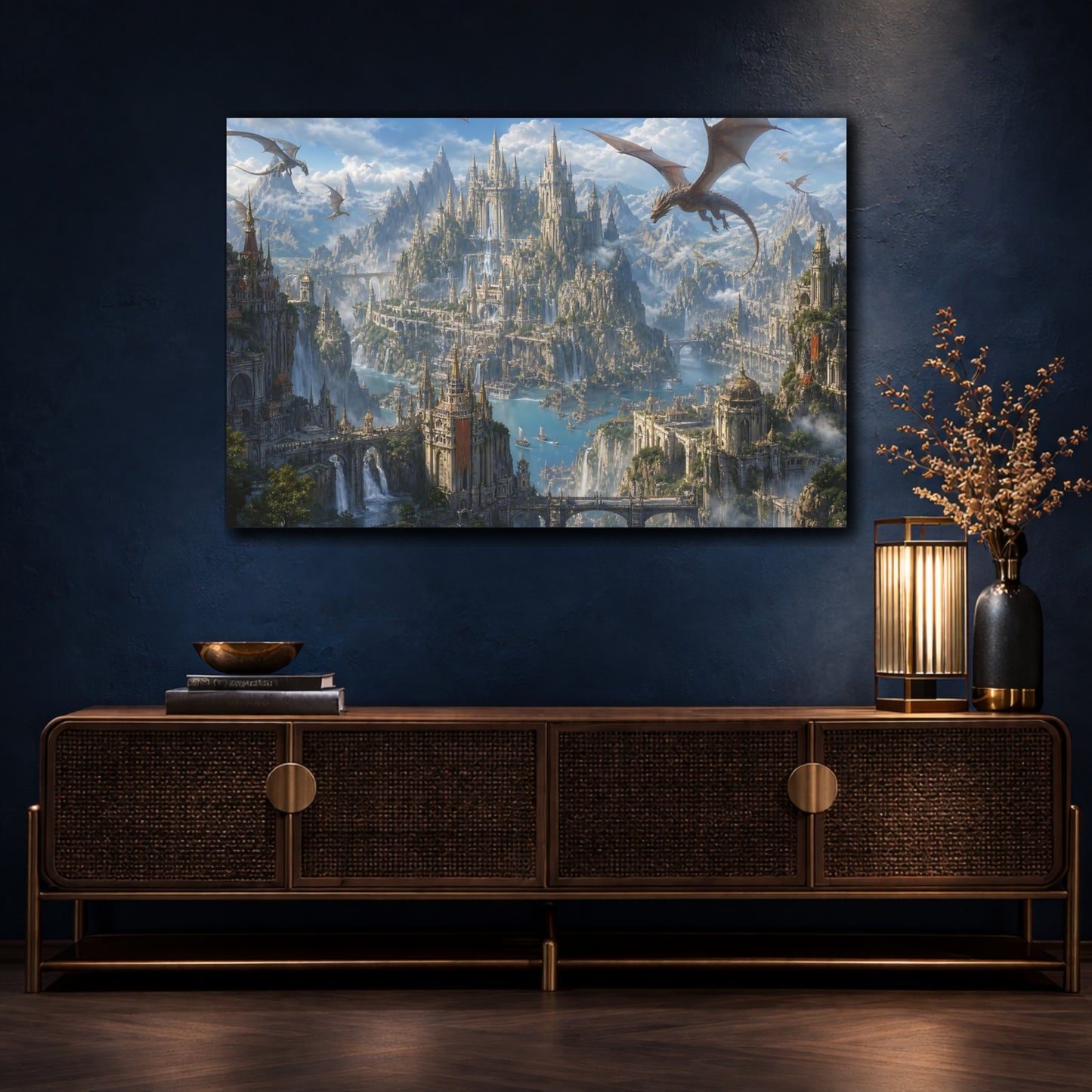 Mockup 4. Fairytale Dragon City Blue And Grey Fantasy shown as stretched canvas wall art