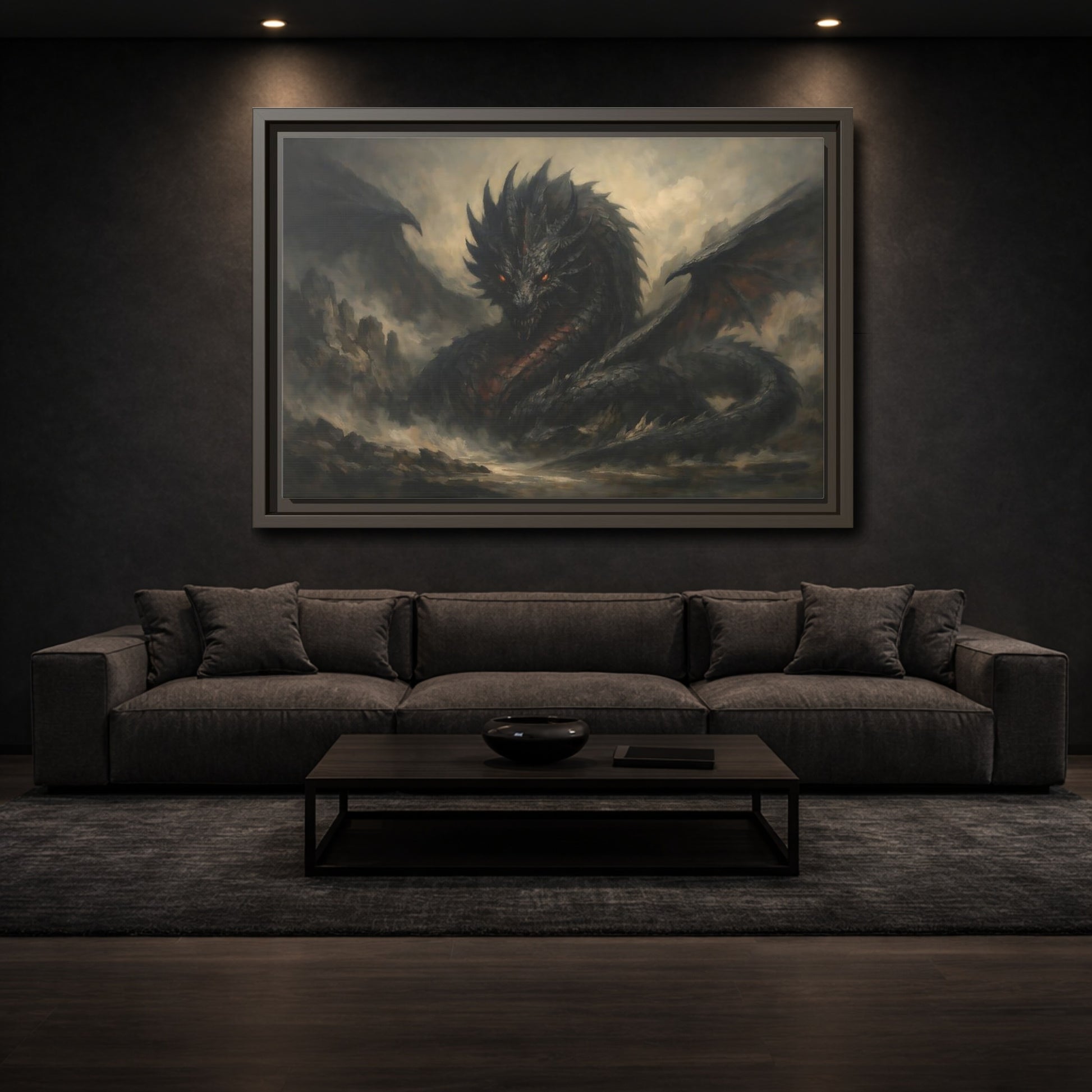 Mockup 2. Fairytale Dragon Dark Dragon shown as stretched canvas wall art