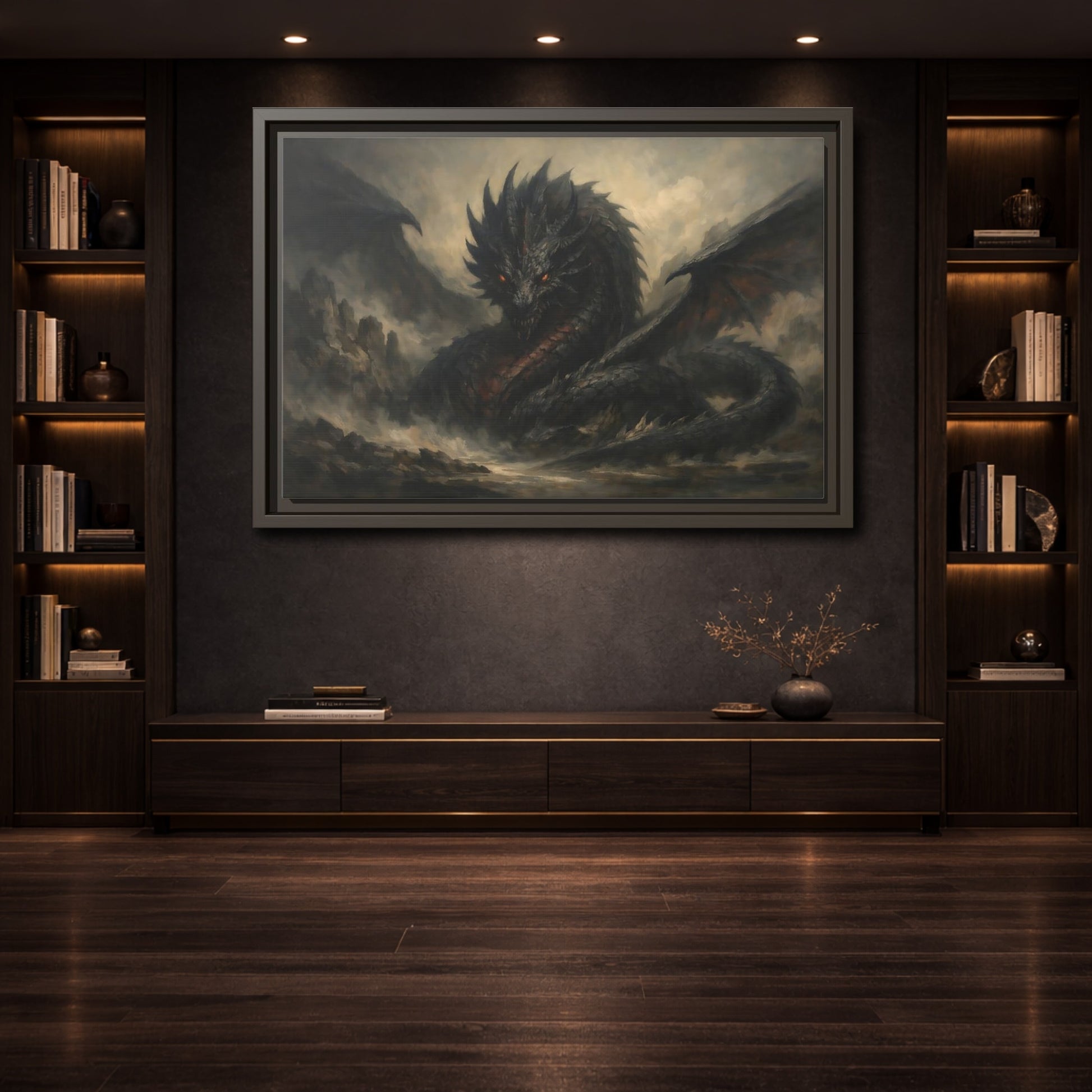 Mockup 3. Fairytale Dragon Dark Dragon shown as stretched canvas wall art
