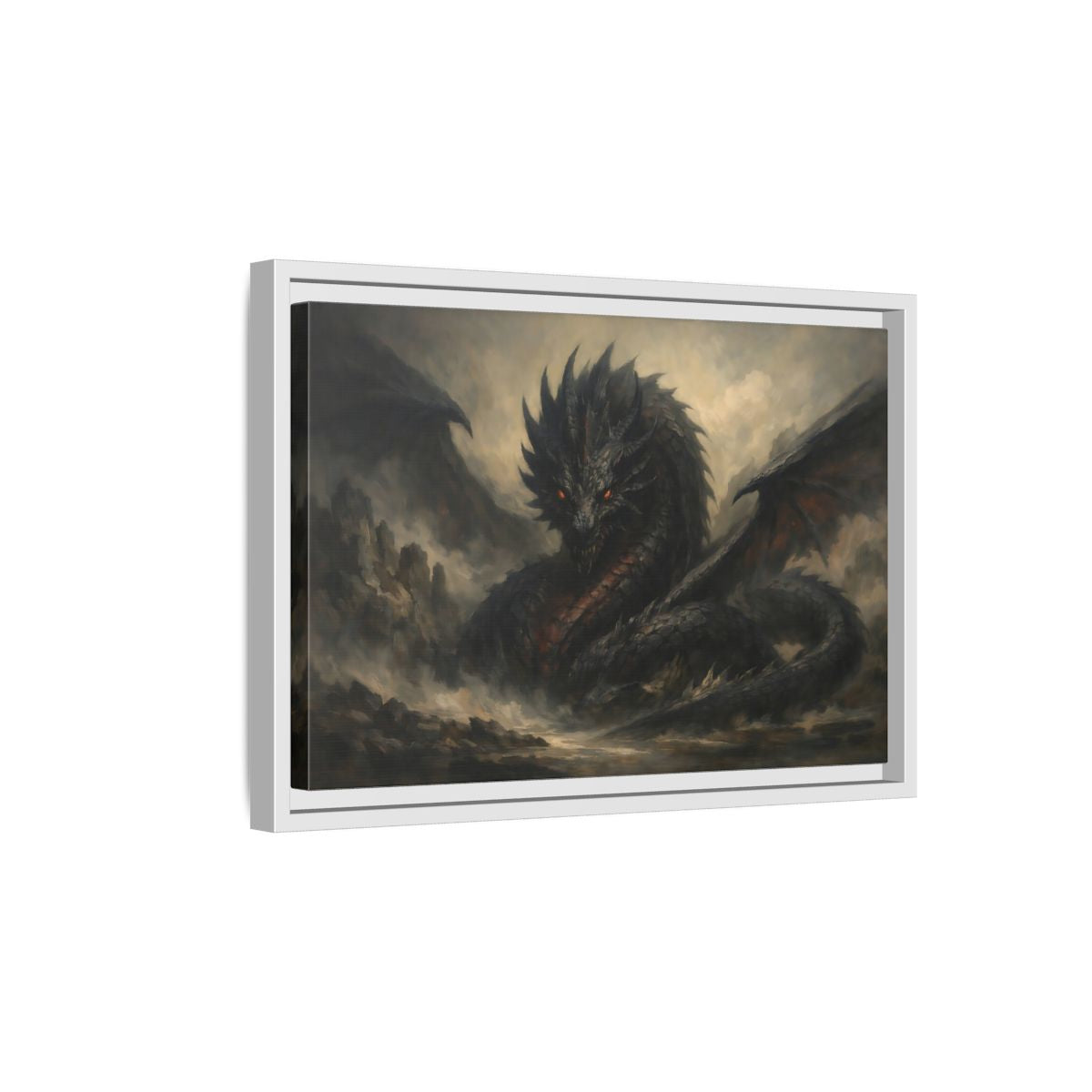 Side Mockup 4. Fairytale Dragon Dark Dragon shown as stretched canvas wall art