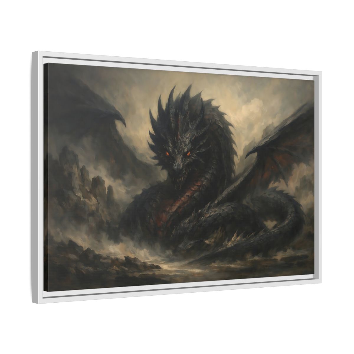 Side Mockup 10. Fairytale Dragon Dark Dragon shown as stretched canvas wall art