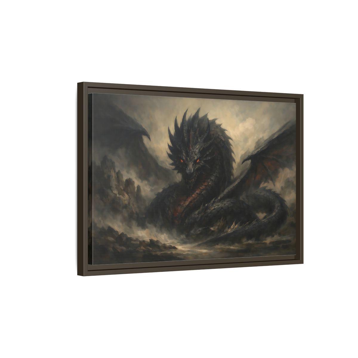 Side Mockup 2. Fairytale Dragon Dark Dragon shown as stretched canvas wall art