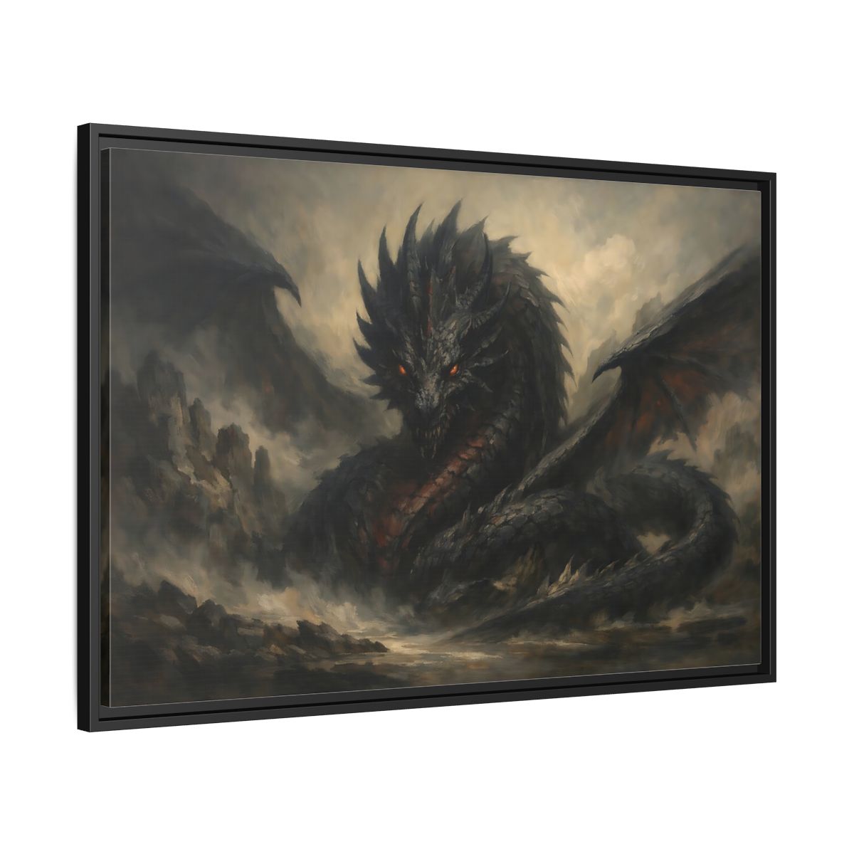 Side Mockup 13. Fairytale Dragon Dark Dragon shown as stretched canvas wall art