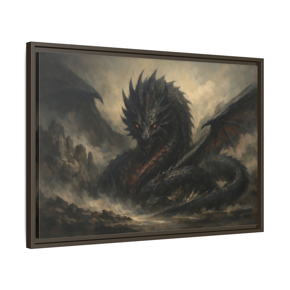 Side Mockup 11. Fairytale Dragon Dark Dragon shown as stretched canvas wall art