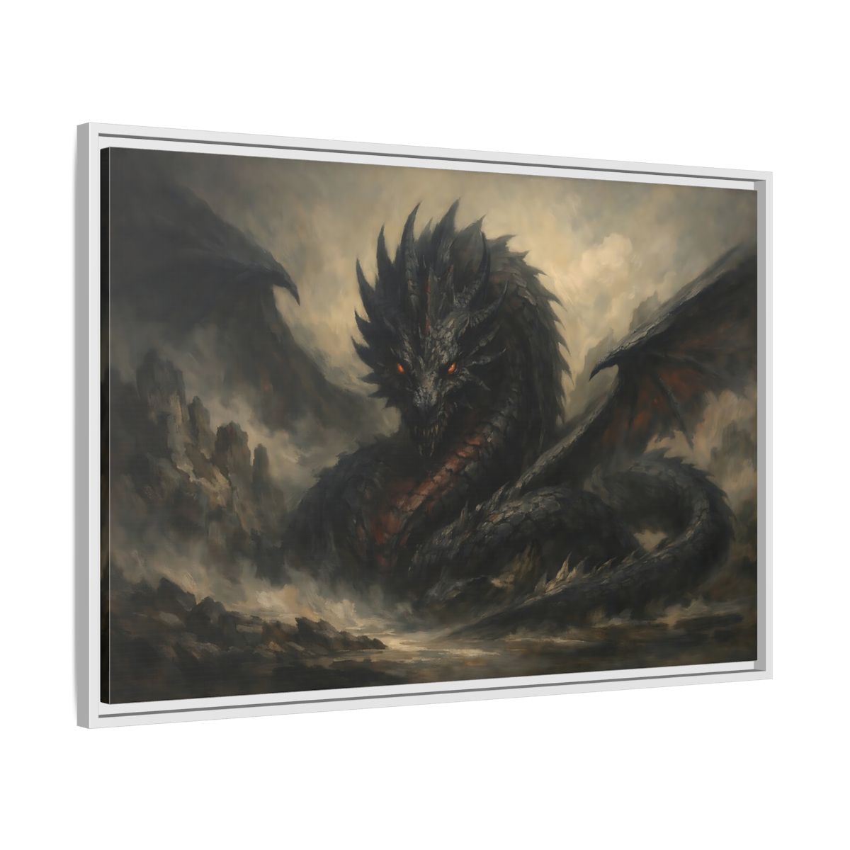 Side Mockup 8. Fairytale Dragon Dark Dragon shown as stretched canvas wall art