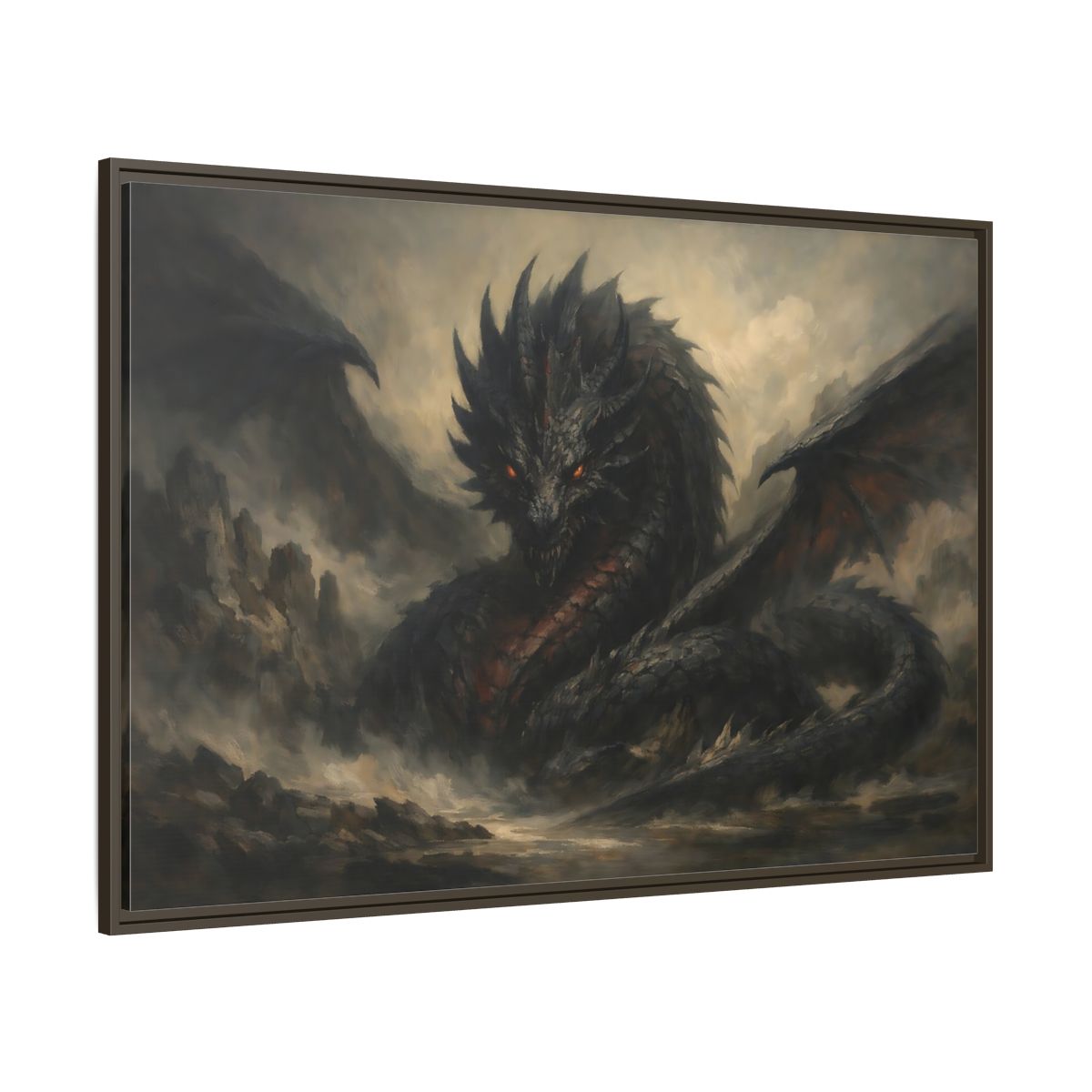 Main Mockup. Fairytale Dragon Dark Grey Dragon shown as stretched canvas wall art