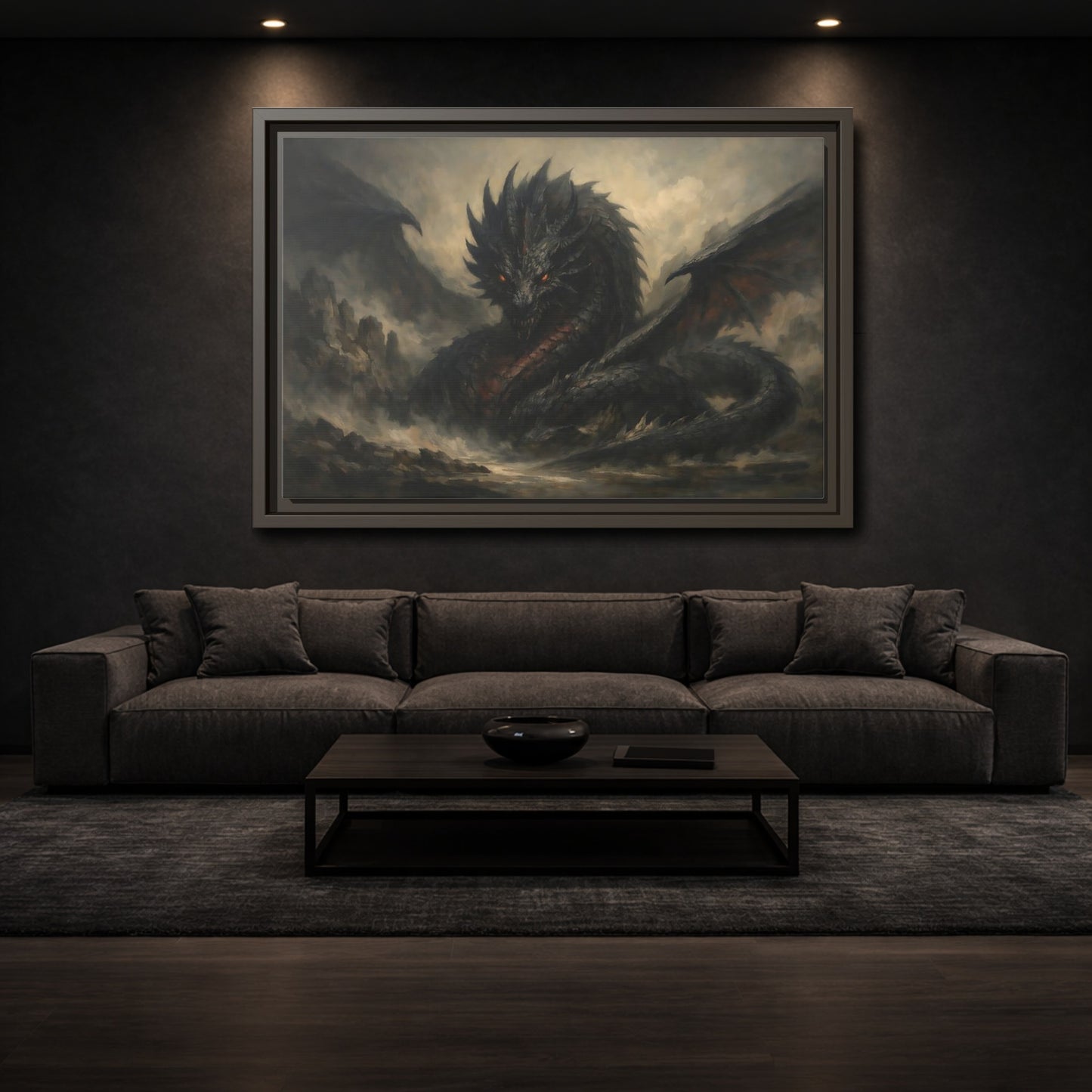 Mockup 2. Fairytale Dragon Dark Grey Dragon shown as stretched canvas wall art