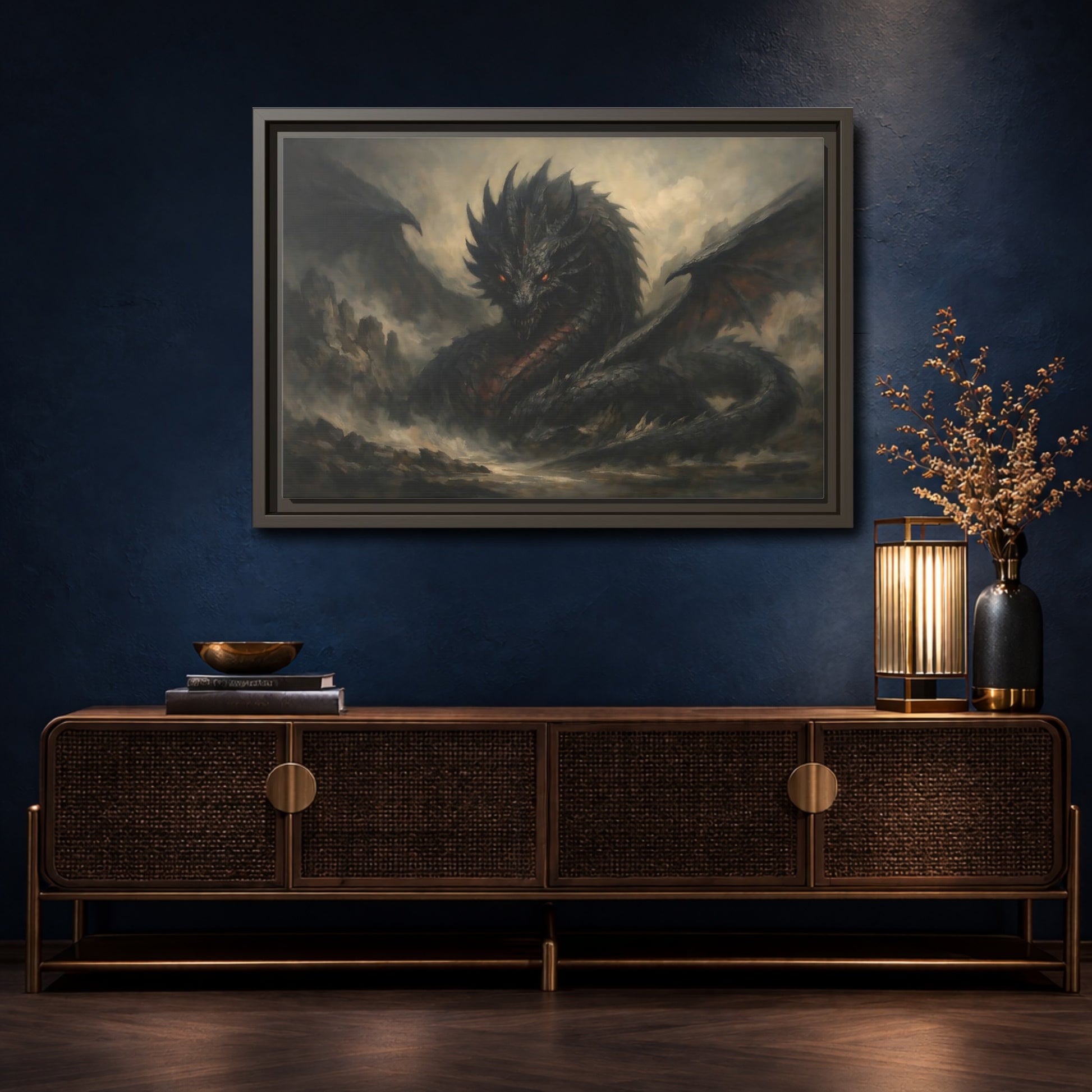 Mockup 4. Fairytale Dragon Dark Grey Dragon shown as stretched canvas wall art