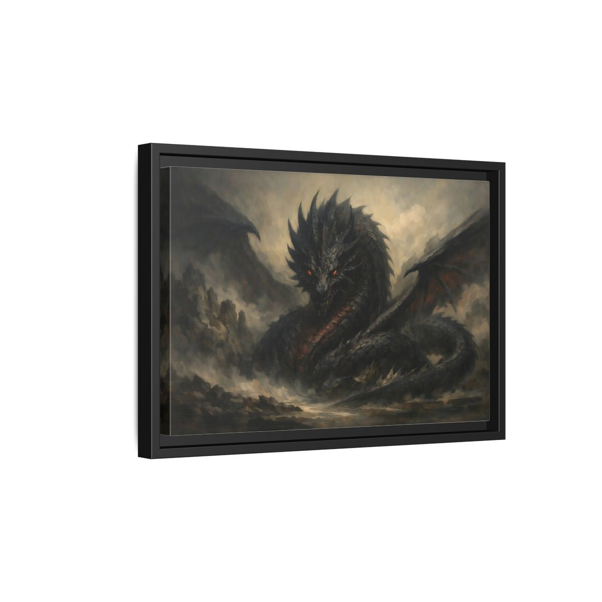 Side Mockup 6. Fairytale Dragon Dark Grey Dragon shown as stretched canvas wall art