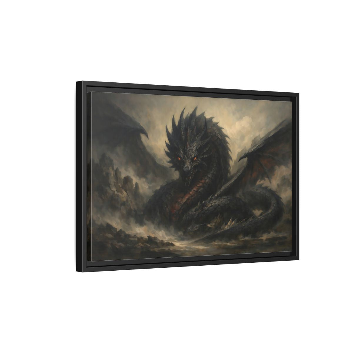 Side Mockup 3. Fairytale Dragon Dark Grey Dragon shown as stretched canvas wall art